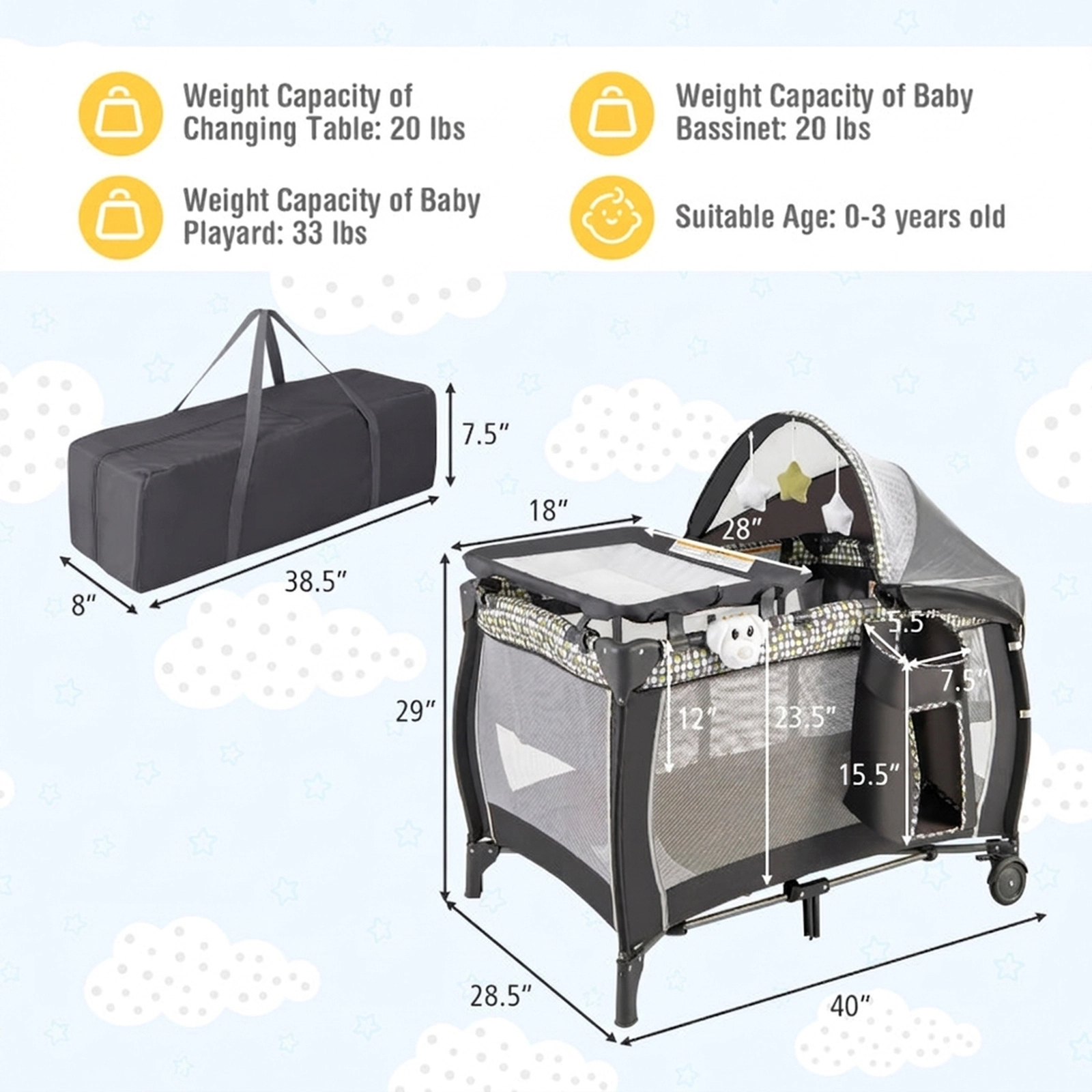 SUGIFT 4-in-1 Portable Baby Nursery Center Travel Crib and Playard 33-lb Capacity Ages 0-3 Years Gray