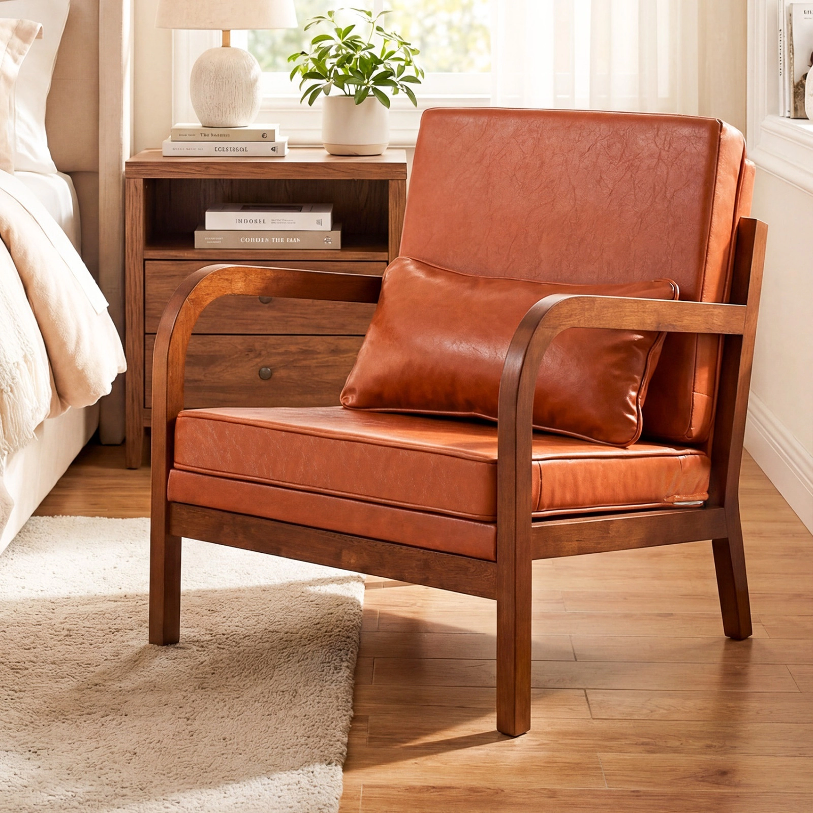 Modern Accent Chair Faux Leather and Linen Upholstered Armchair with Removable Lumbar Pillow Rubber Wood Frame Brown