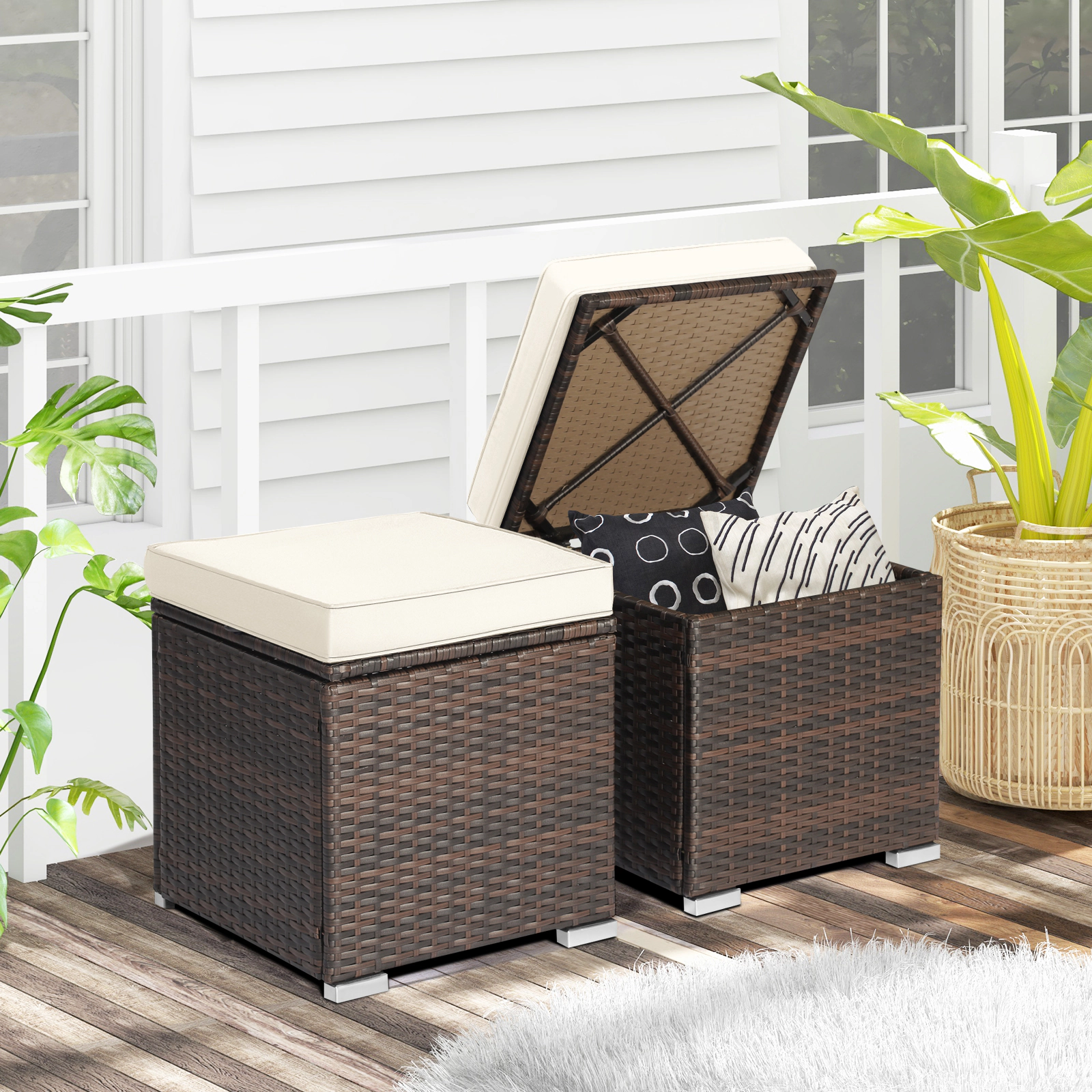 SUGIFT Patio Ottoman and Storage Seat with Removable Cushions 350-lb Top Capacity Mix Brown Rattan