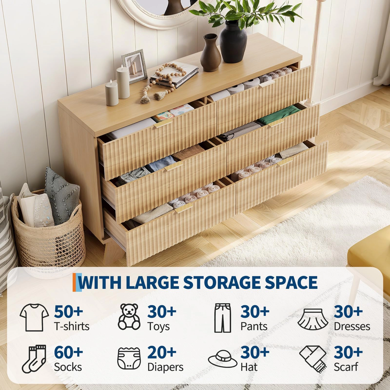 47" Mid-Century Fluted 6 Drawer Dresser with Gold Handles, Wood Storage Chest