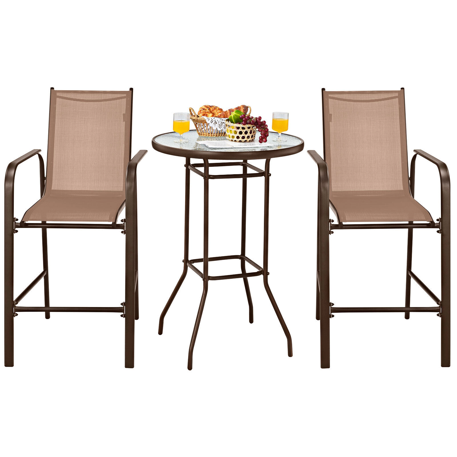 SUGIFT Brown Tempered Glass Top and Footrests 3-Piece Outdoor Bar Table and Stool Set