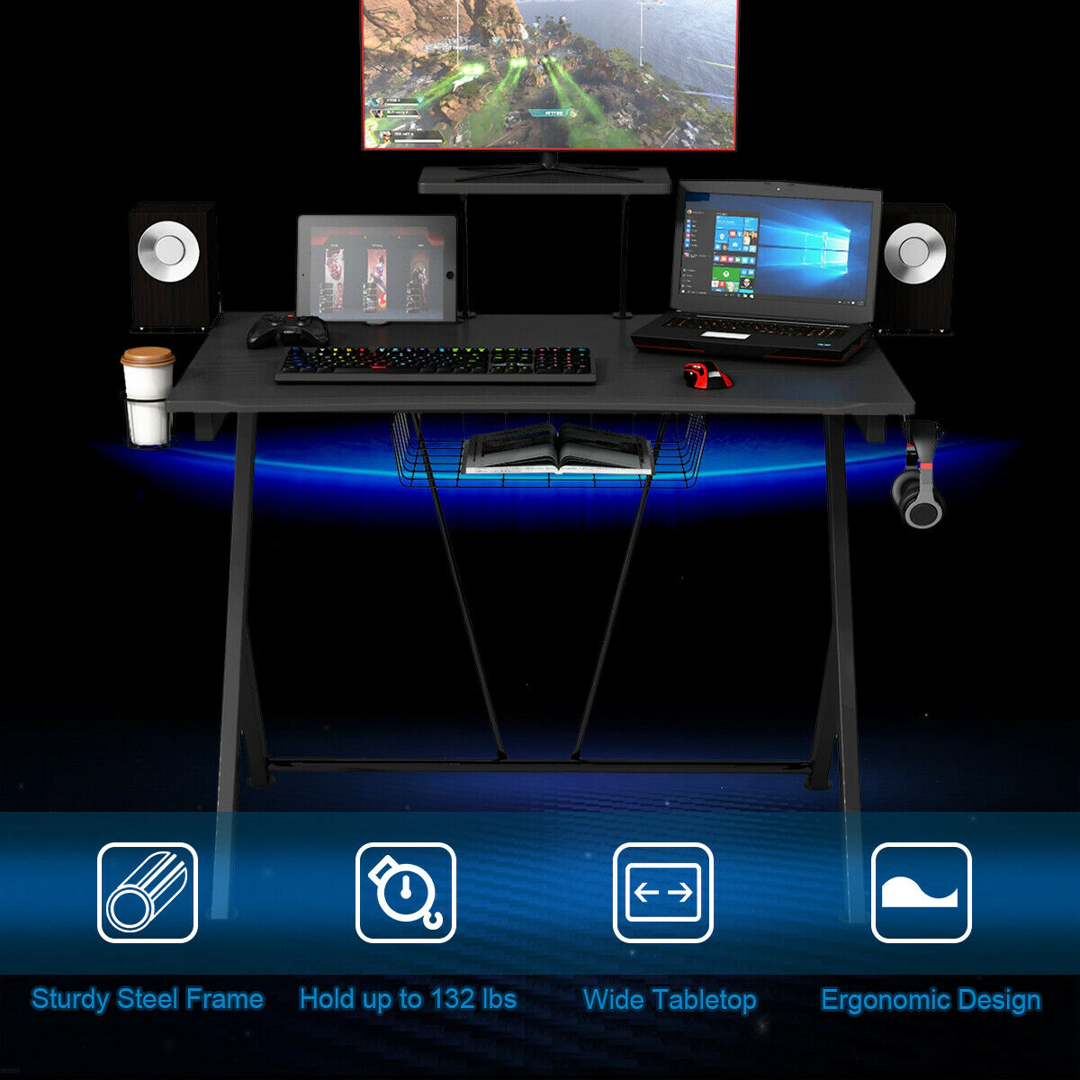 SUGIFT 52-Inch Black Curved Gaming Desk with Cup Holder and Monitor Shelf