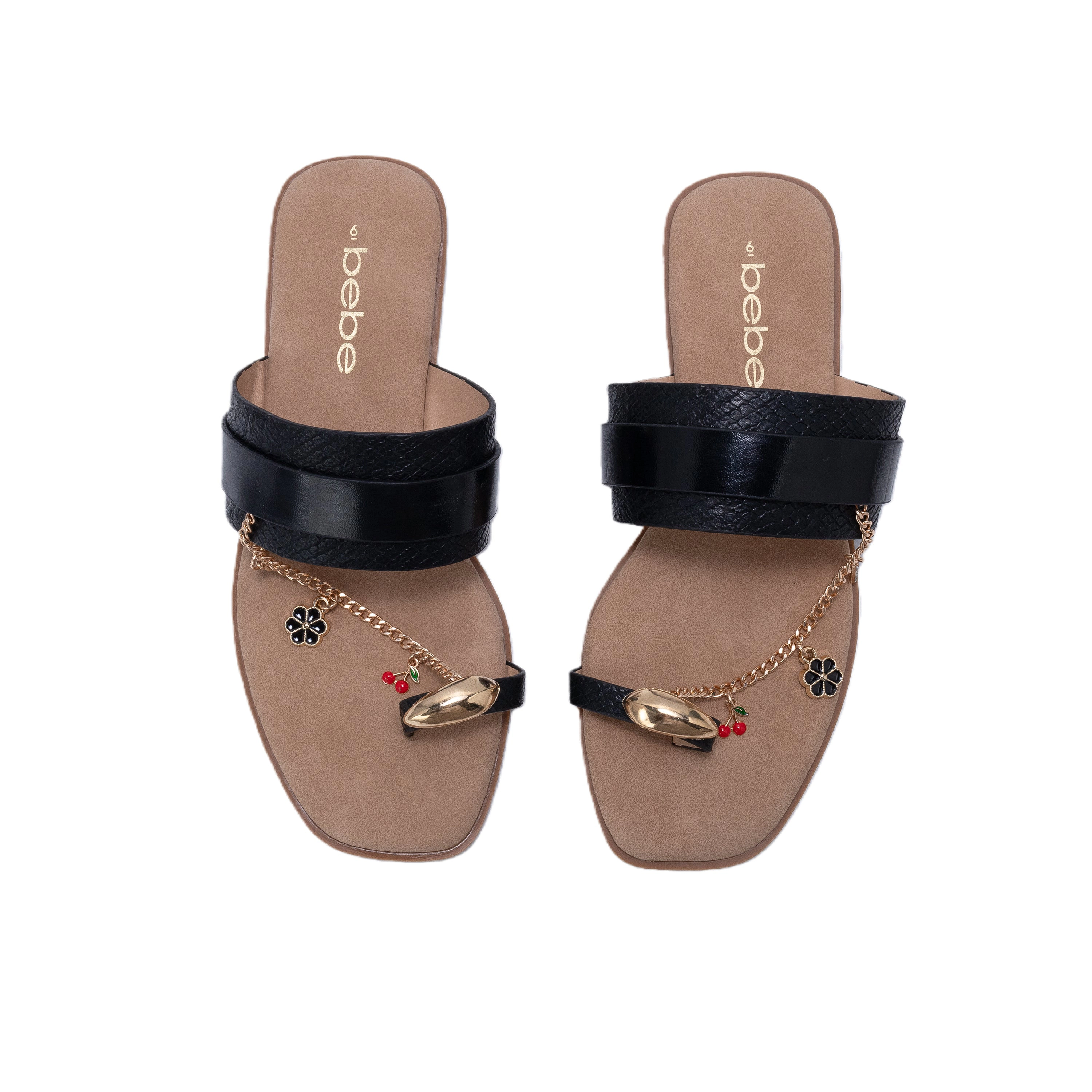 bebe Women's Thong Sandals with Chain Charm Detail Slip On Flats