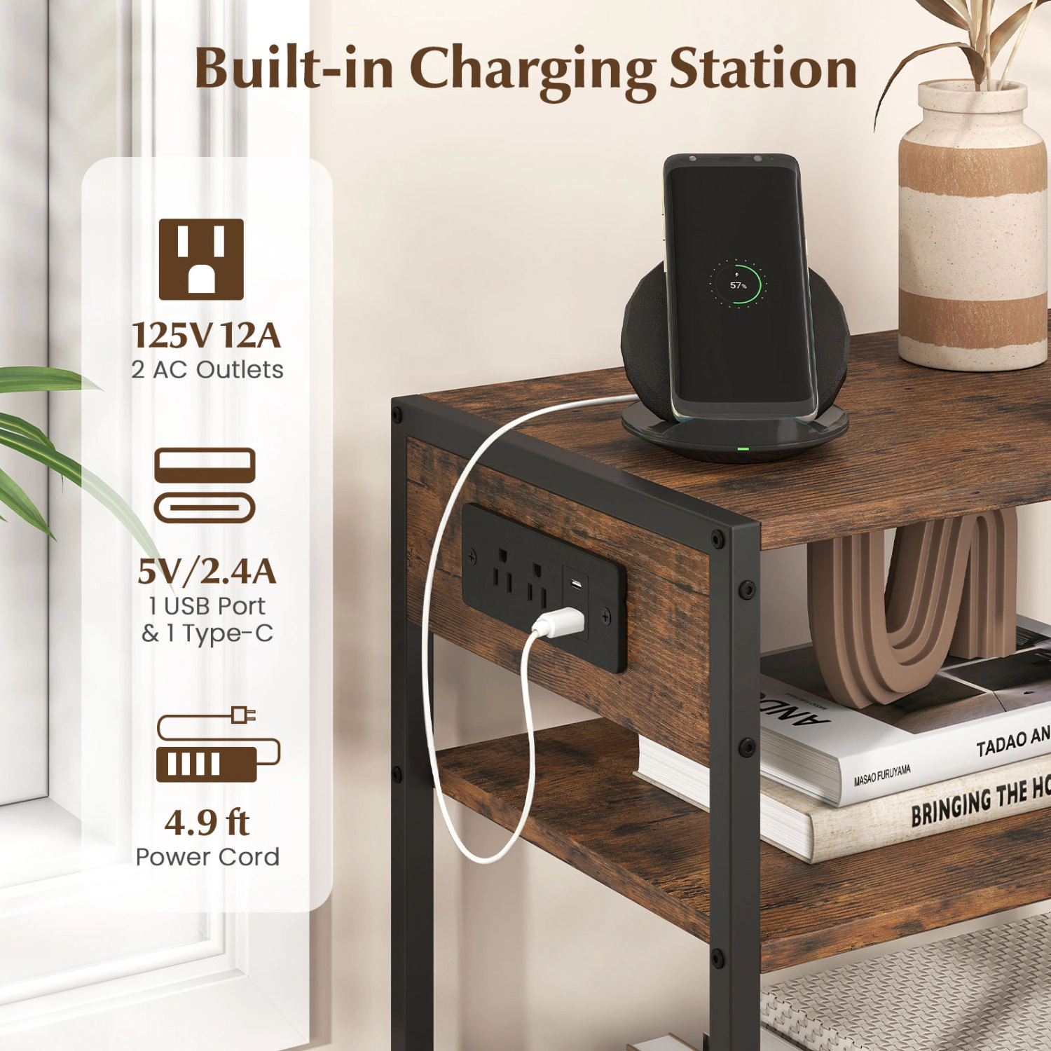 Glintex 3-Tier Industrial Side Table with Charging Ports and Anti-Falling Mesh, Rustic Brown