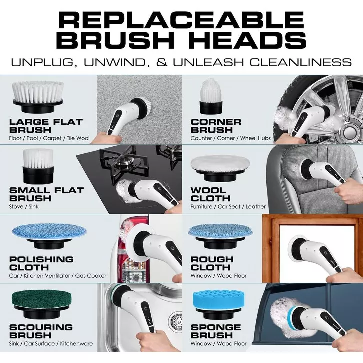 Luminuxe Electric Spin Scrubber Cleaning Brush 8 In 1 Shower Scrubber Adjustable Handle. For Windows, Bathrooms, Cars