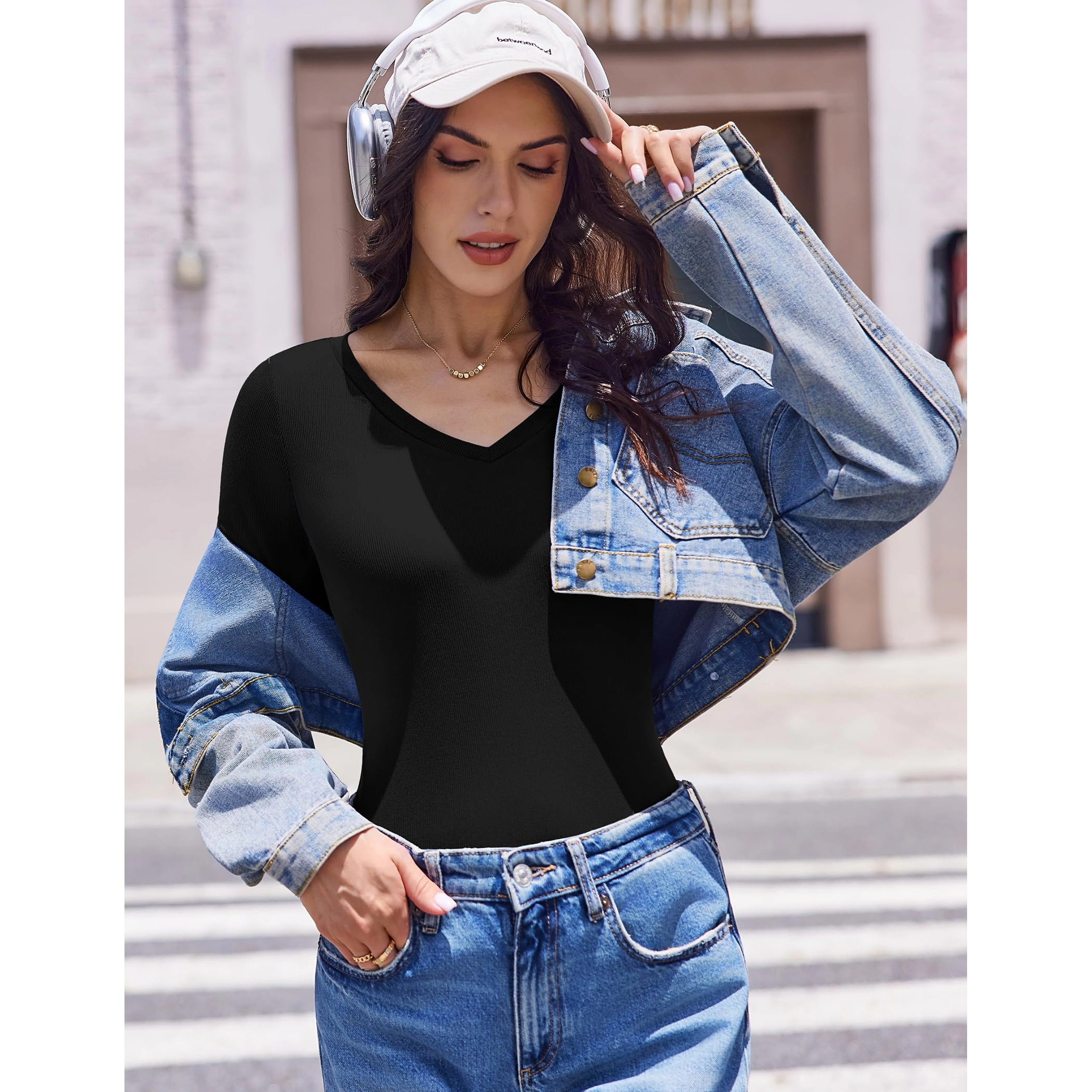 Ekouaer Women's V-Neck Long Sleeve Ribbed Knit Stretchy Slim Fit Basic Tee