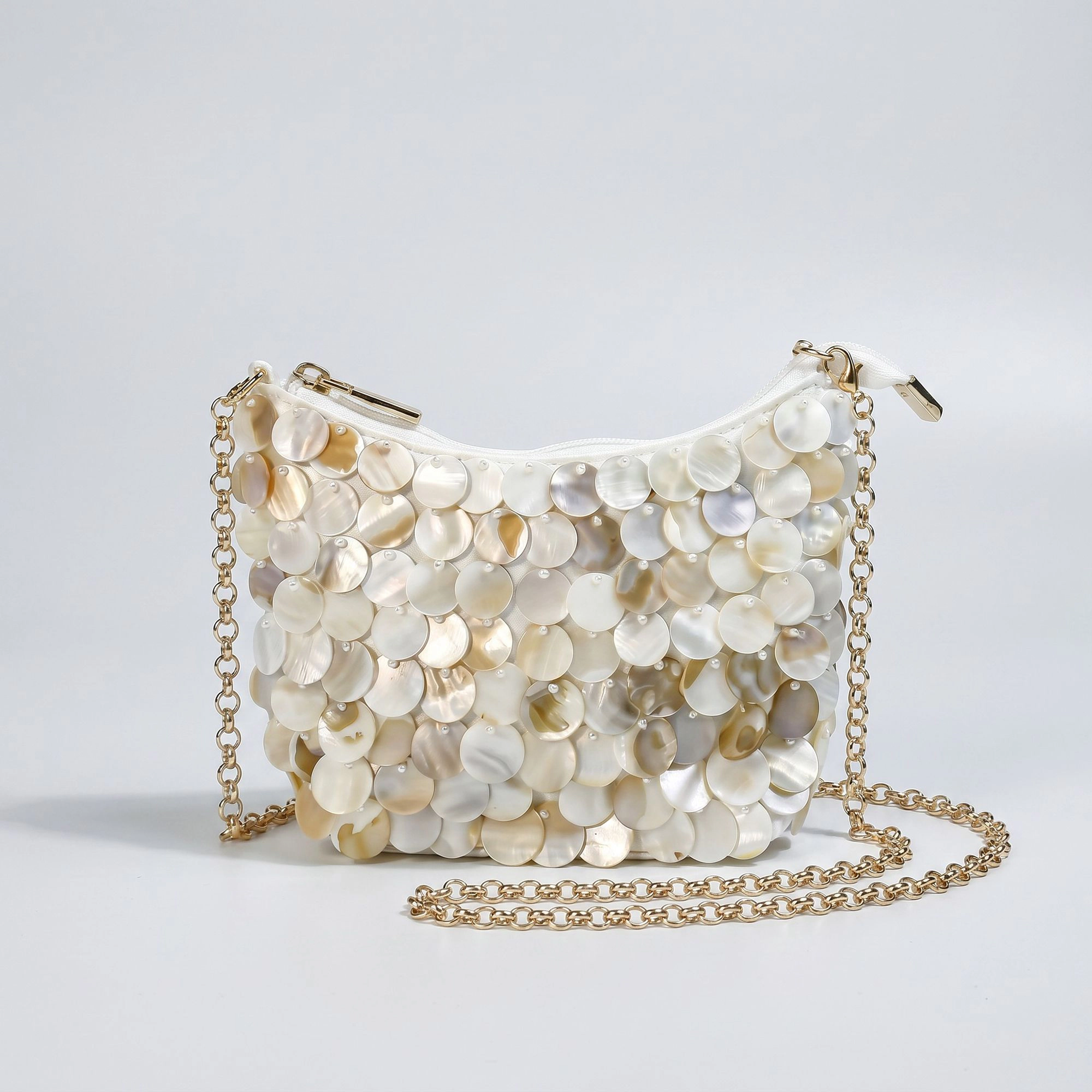 Alilang Women's Paillette Crossbody Bag with Chain Strap Top Zip Closure Textured Disc Details