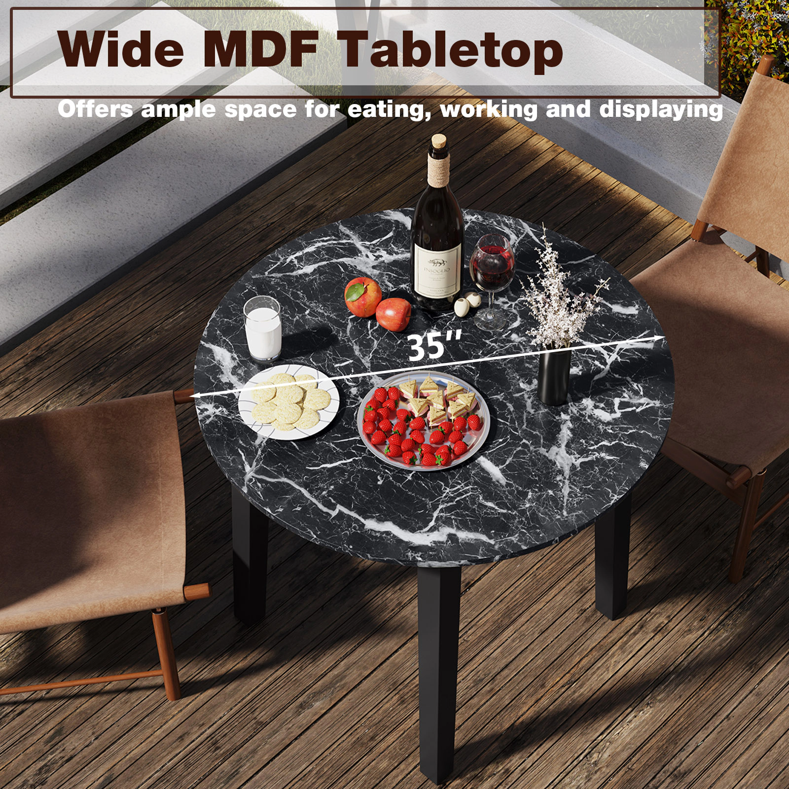 SUGIFT 35-Inch Black Round Dining Table for 4, Marble-Textured Top