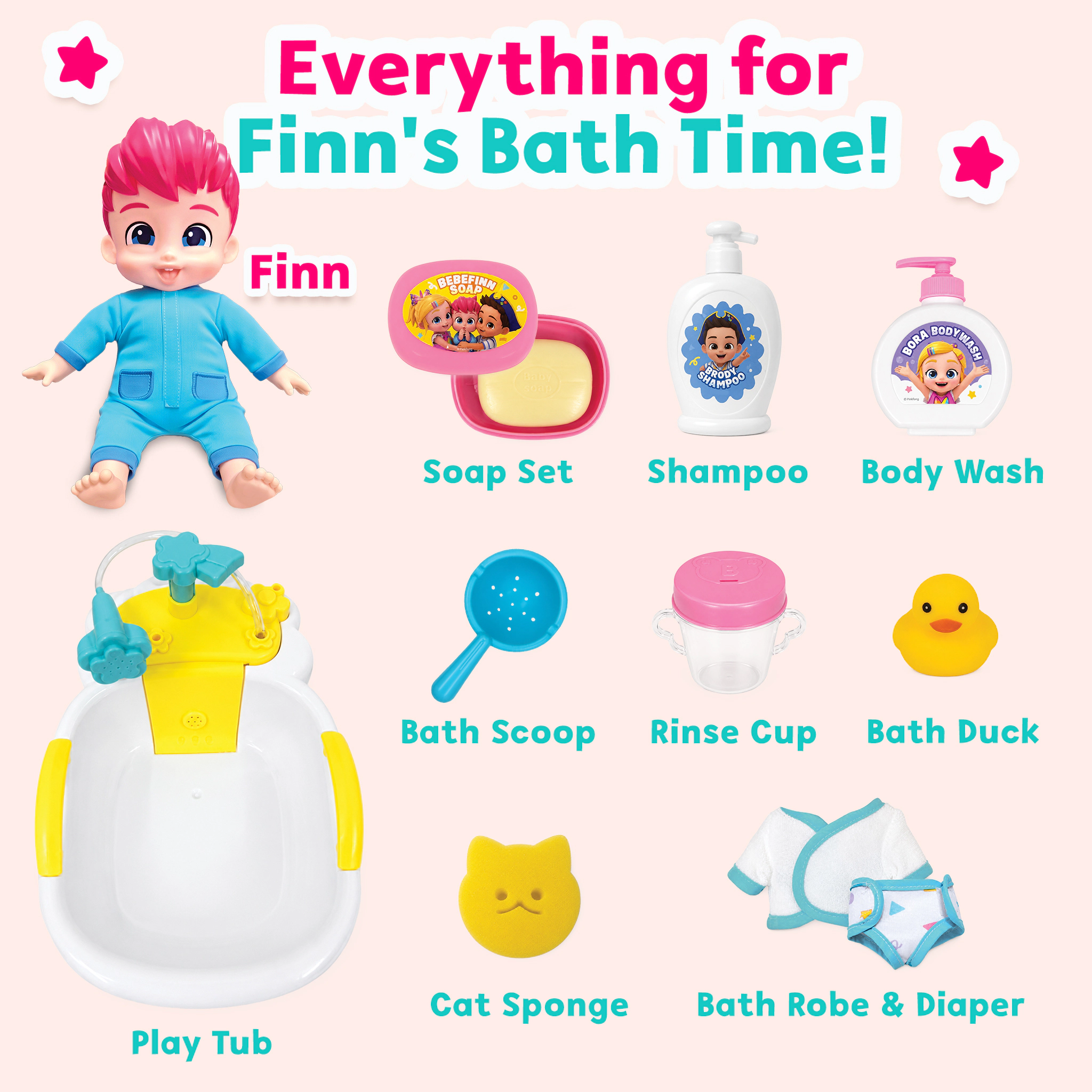 Bebefinn Kids Bath Doll Set - Water-Safe Baby Doll with Bath Play Accessories