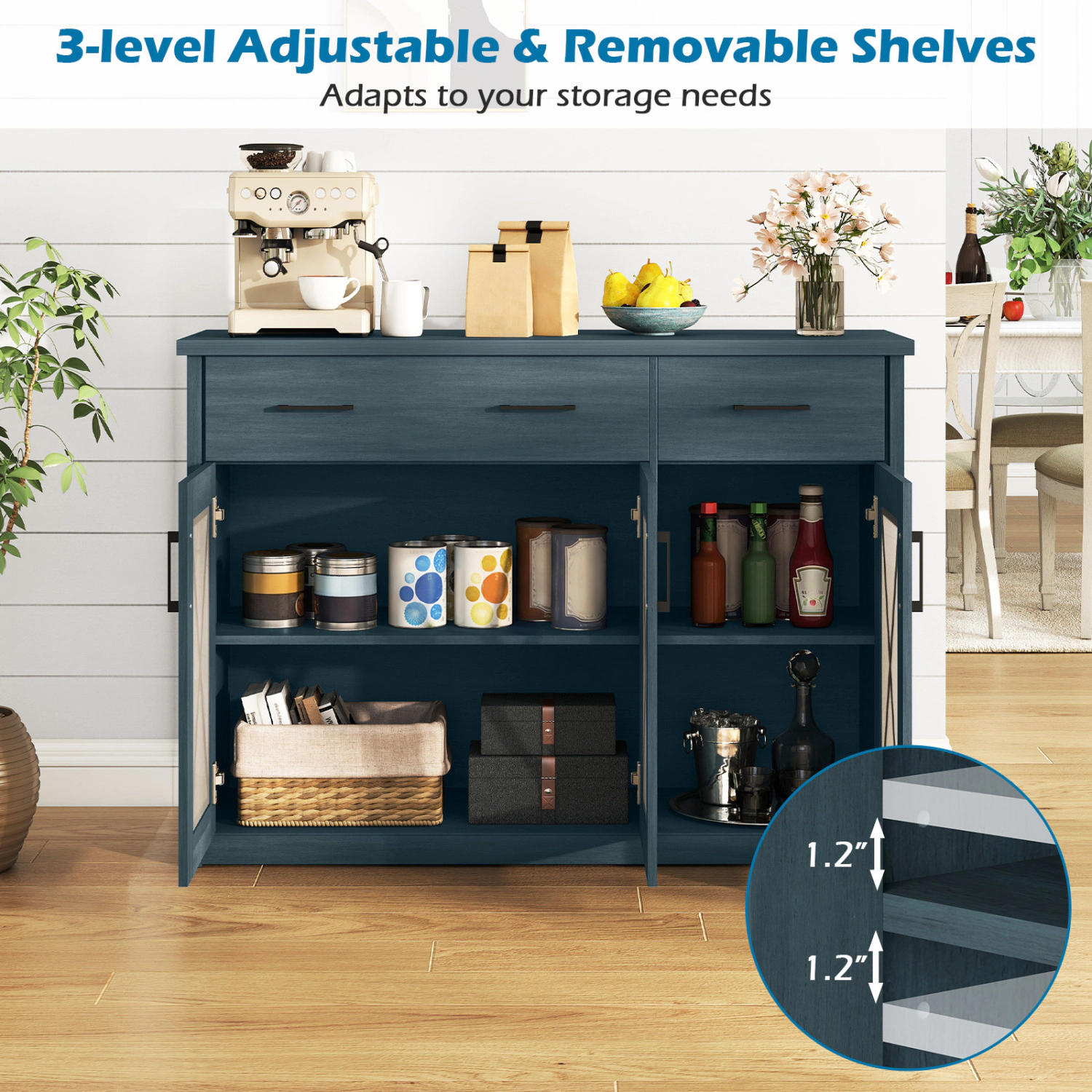 SUGIFT Farmhouse Buffet Sideboard 3-Door Kitchen Storage Cabinet with 2 Drawers 232-lb Total Capacity Turquoise/Brown