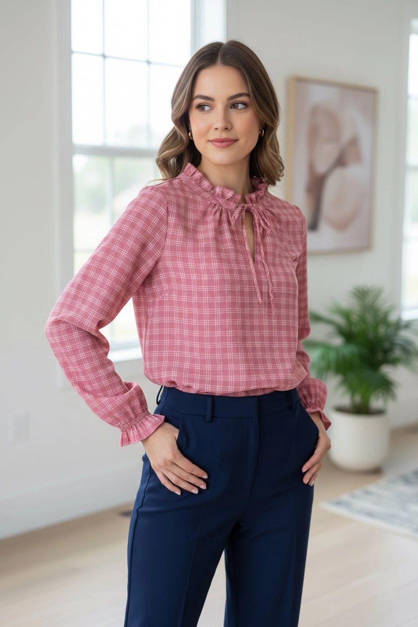 DressAtR Women's Checkered Pattern Bell Sleeve and Neck Blouse