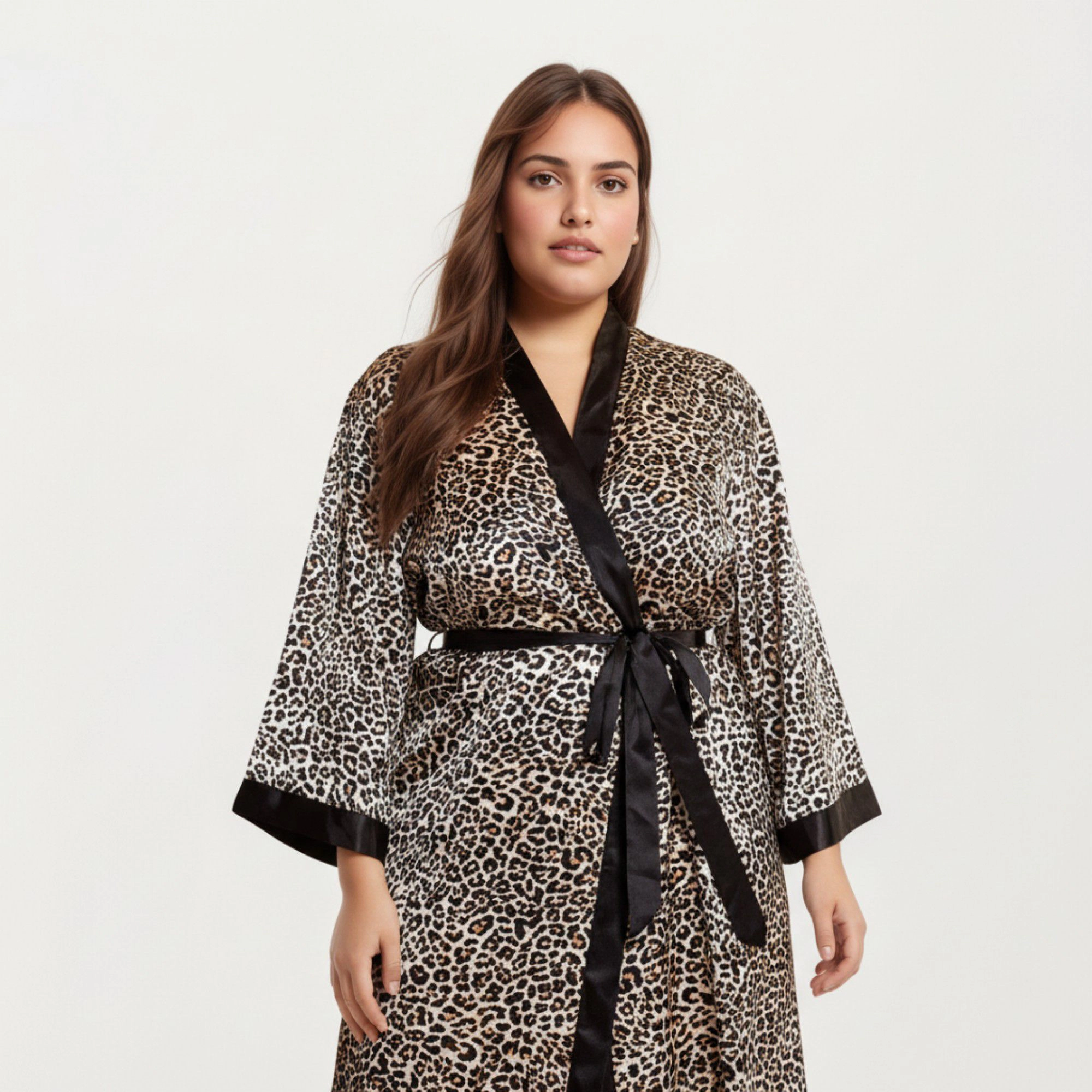 Anna-Kaci Women's Leopard Print Satin Robe Contrast Trim Silky Fabric Waist Tie Closure and Flowing Longline Silhouette