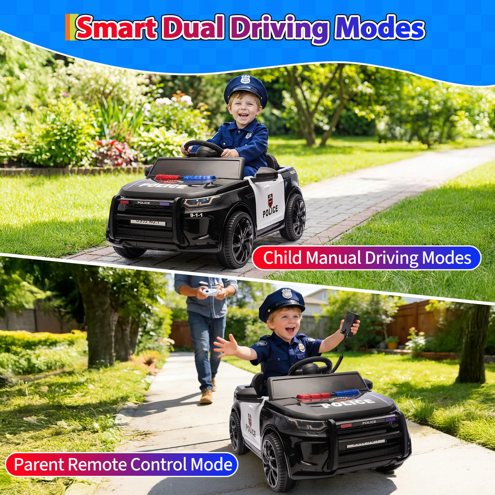 12V Kids Police Ride On Car with Remote Control, Bluetooth Music, Lights & Suspension for Ages 3-8