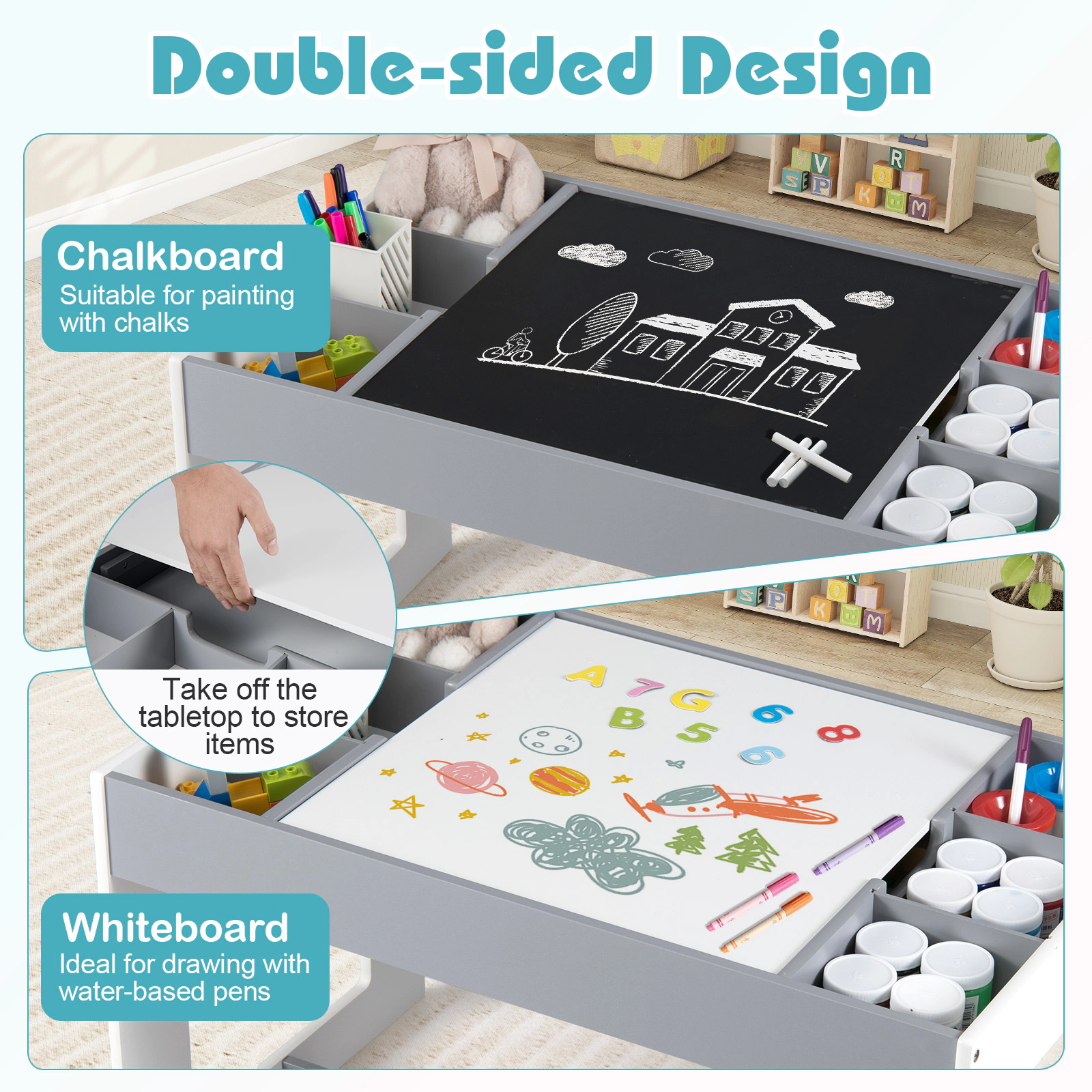SUGIFT Chalkboard and Whiteboard Top Kids Multifunctional Table 2 Chairs Set