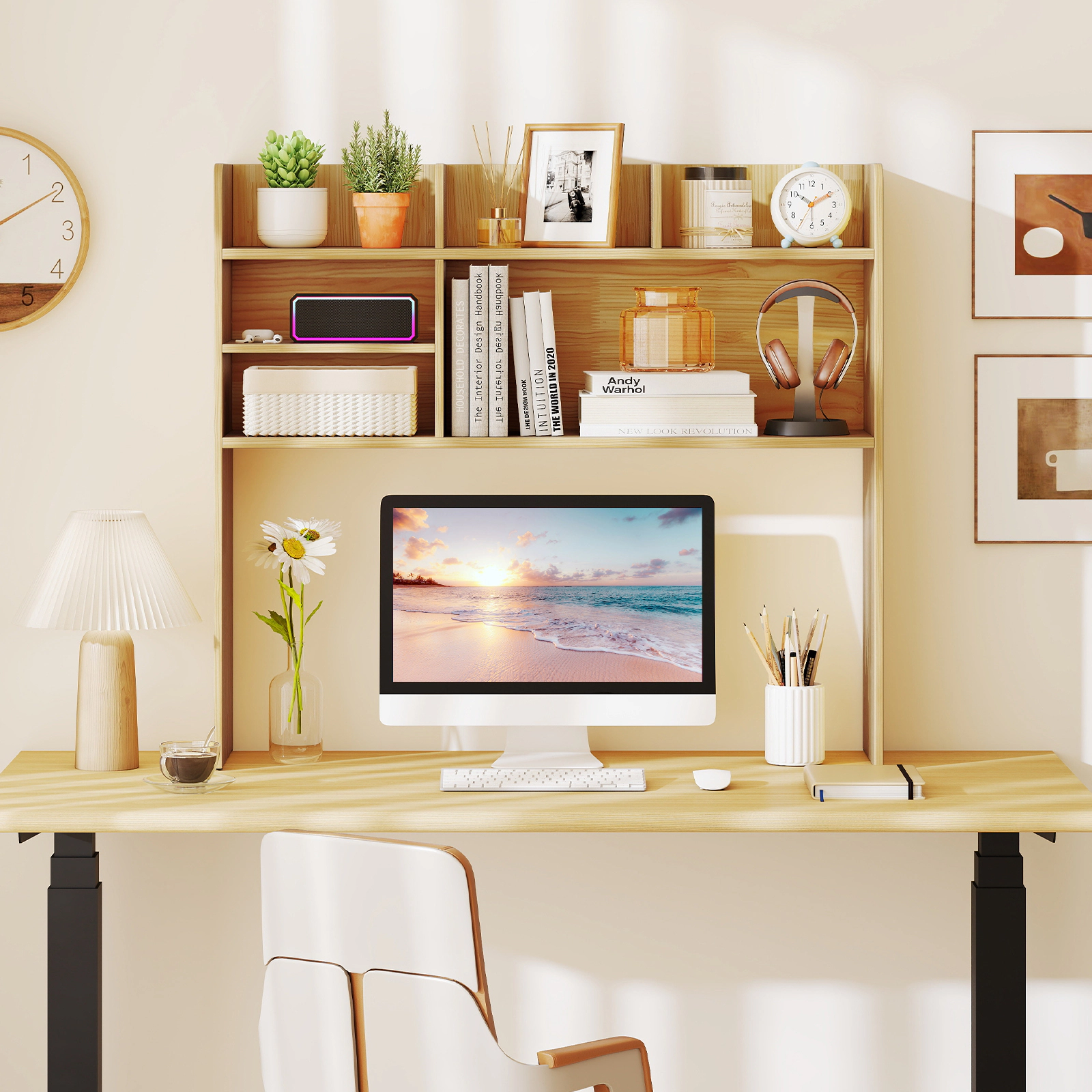 SUGIFT Desktop Bookshelf Countertop Storage Hutch 6 Shelves 66-lb Top Tier Capacity 55-lb Bottom Tier Capacity Beige