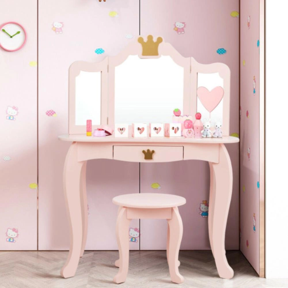 Hivvago Kids Makeup Dressing Table With Tri-Folding Mirror And Stool