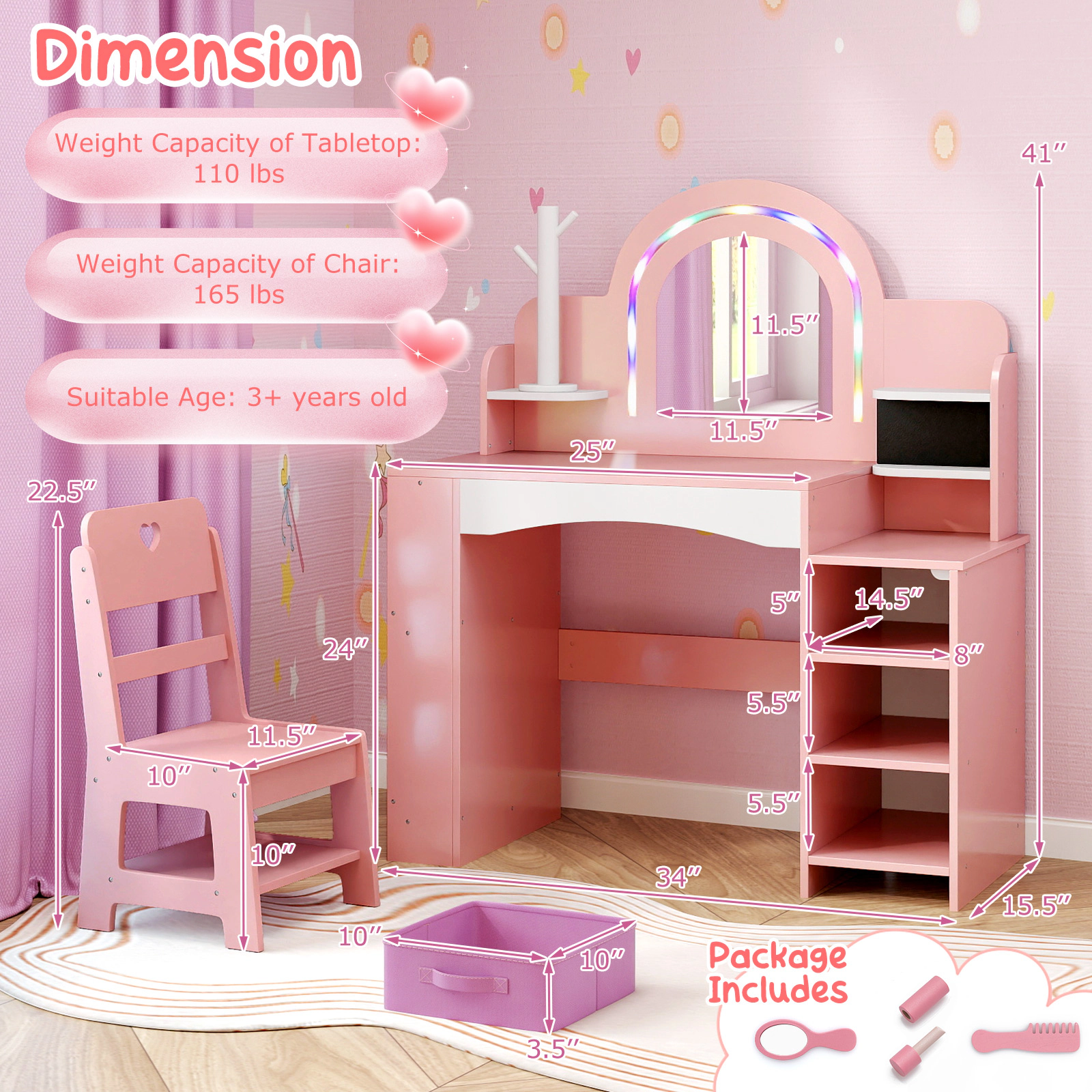 SUGIFT LED Lighted Mirror Jewelry Holder and Chair Kids Vanity Table Set