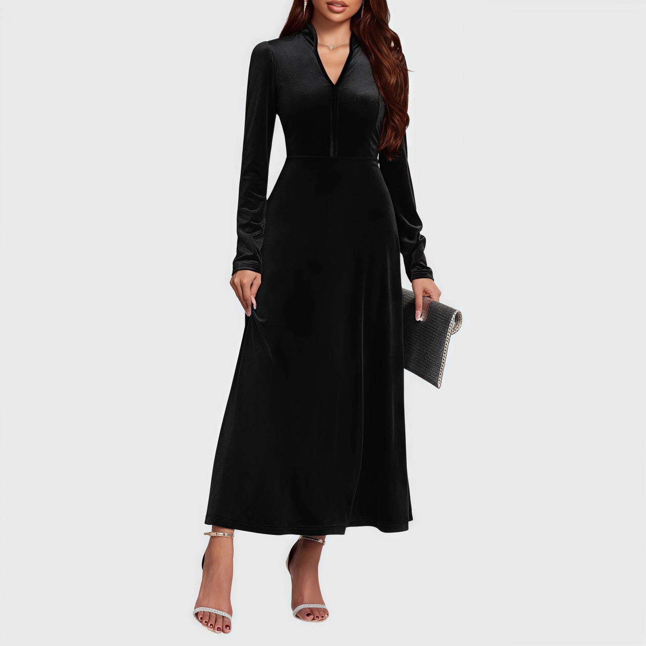 YesFashion Womens Velvet Maxi Dress Casual V Neck Long Sleeve High Waist A Line Flowy Party