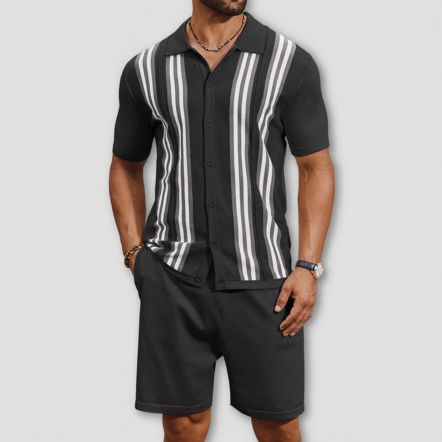 COOFANDY Mens Short Sleeve Striped Button Up Shirt Shorts Set Casual  Outfits