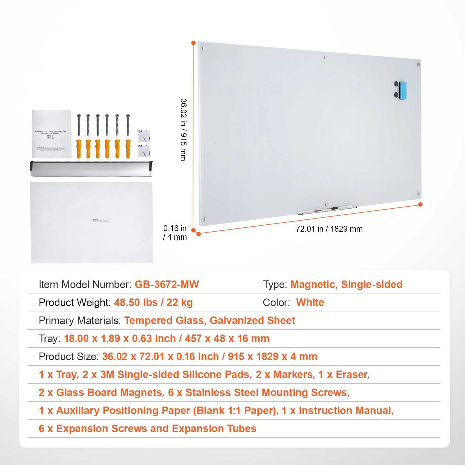 HONGGE Magnetic Glass Whiteboard Dry Erase Board Wall-Mounted Large White Glassboard Frameless with Marker Tray an