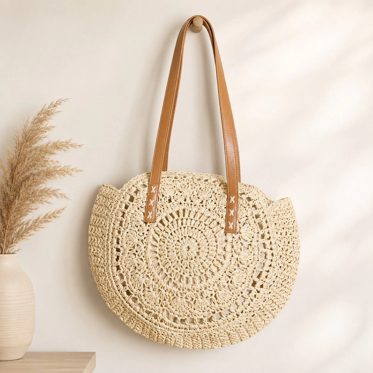 Alilang Women's Round Woven Straw Tote Bag with Zip Closure Shoulder Handles and Slip Pocket, Khaki