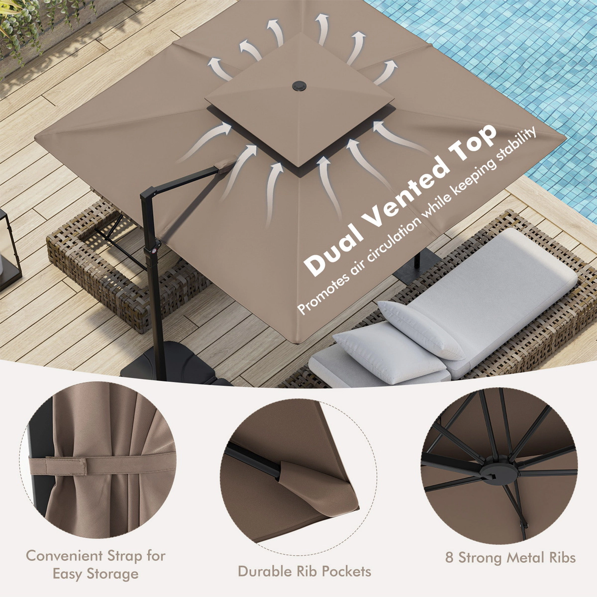 SUGIFT Coffee Square Cantilever Patio Umbrella with 360-Degree Rotation and Dual Vented Top 9.5-ft W 8.5-ft H