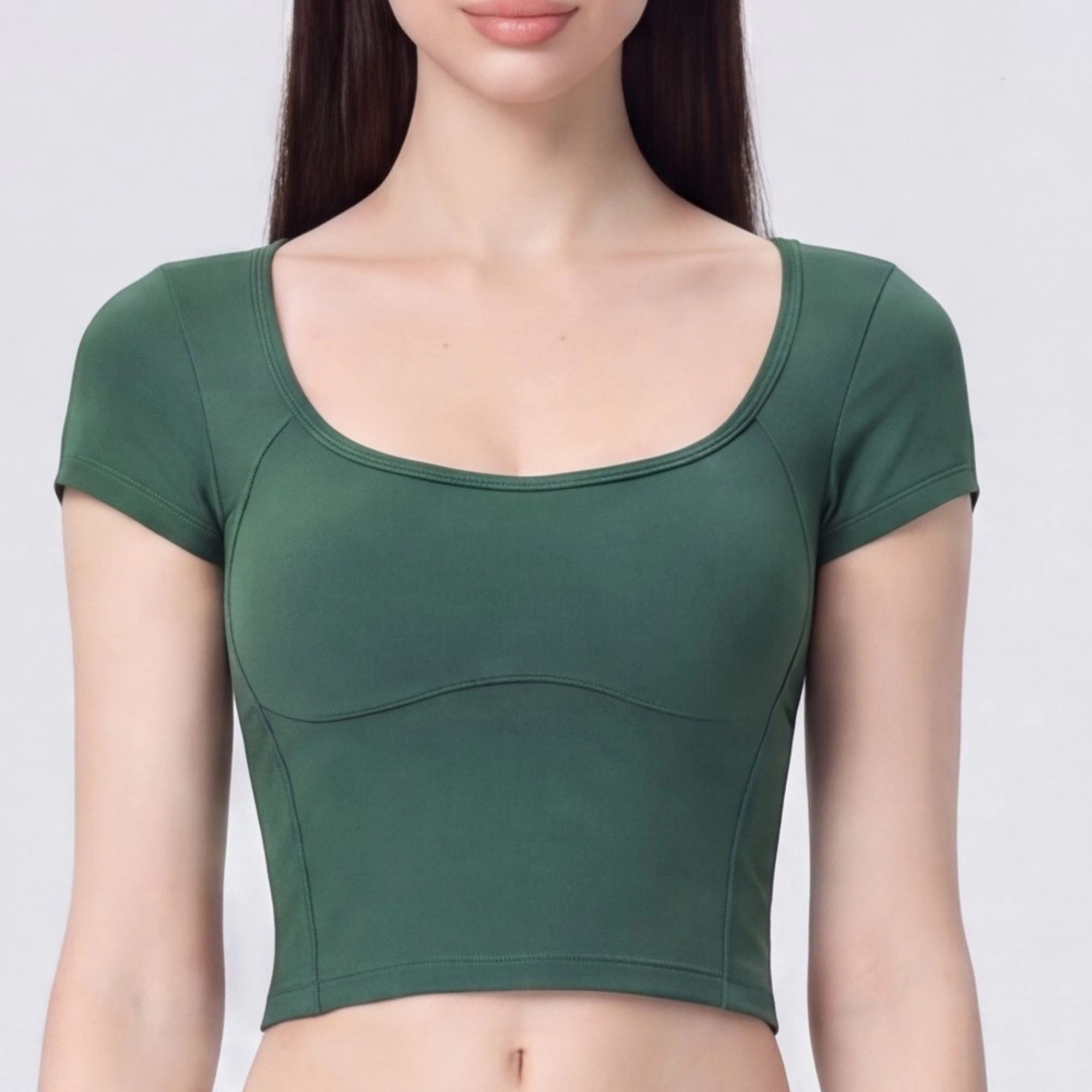 Anna-Kaci Women's Short Sleeve Cropped Yoga Top with Built-In Padding Scoop Neck Contoured Seam Activewear T-Shirt