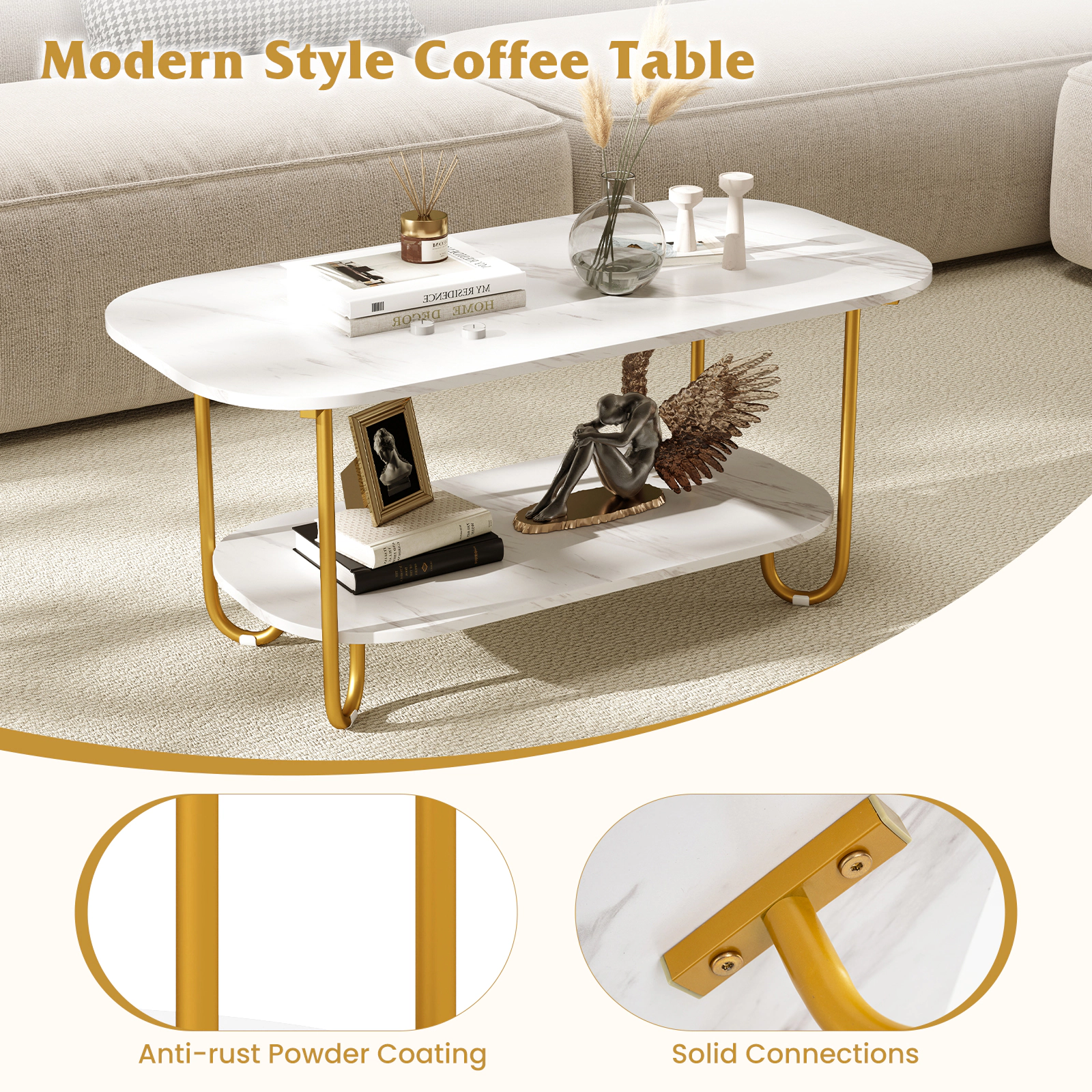 Glintex 2-Tier 42-Inch Faux Marble Coffee Table with Powder-Coated Frame, White