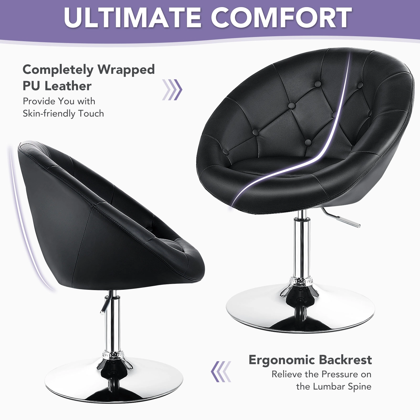 SUGIFT Adjustable Swivel Round PU Leather Accent Chair 330-Lb Capacity 30.5-36-in Adjustable Height Black
