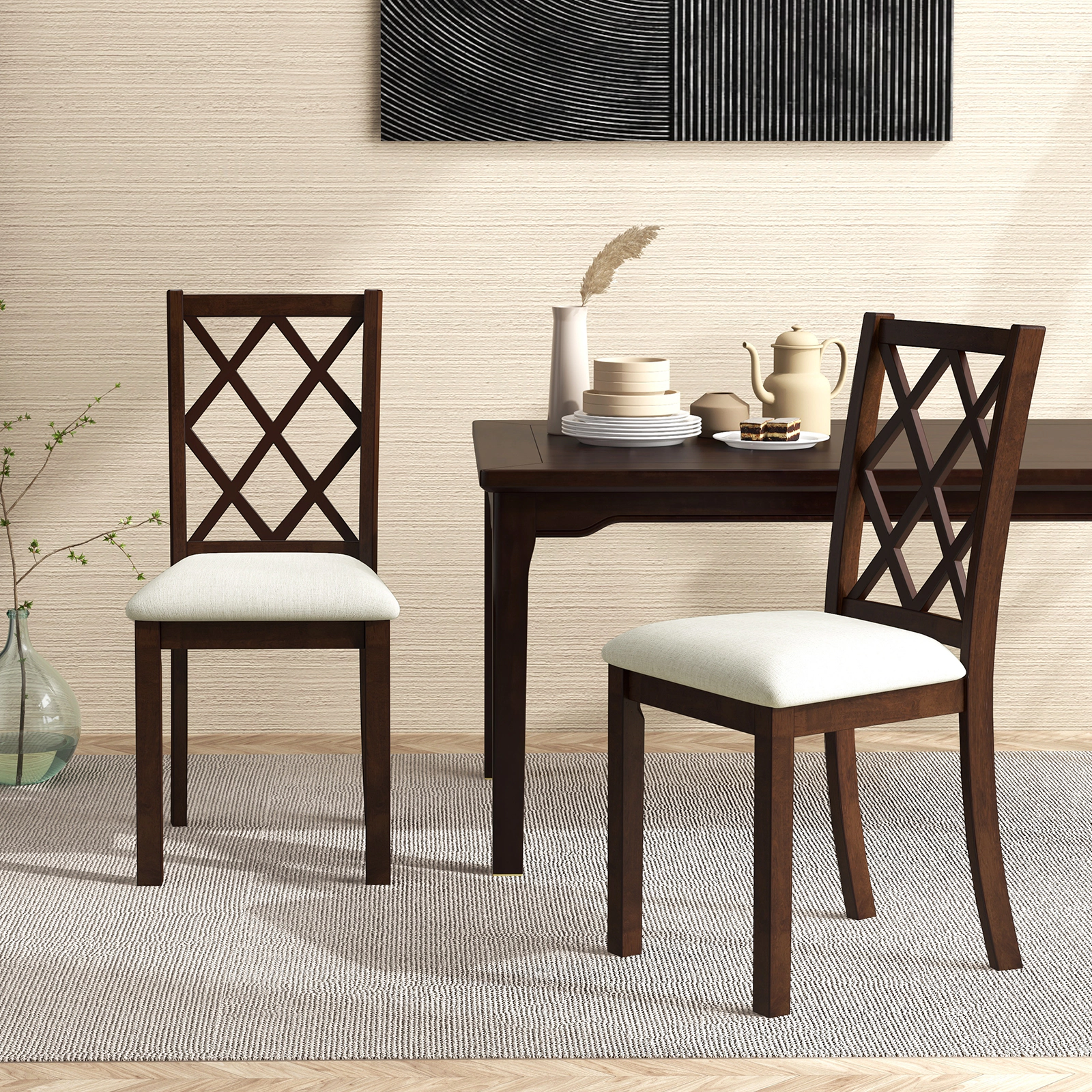 LJG Dining Chair Set of 2 Wood Kitchen Chairs with Upholstered Seat Cushion and Rubber Wood Legs