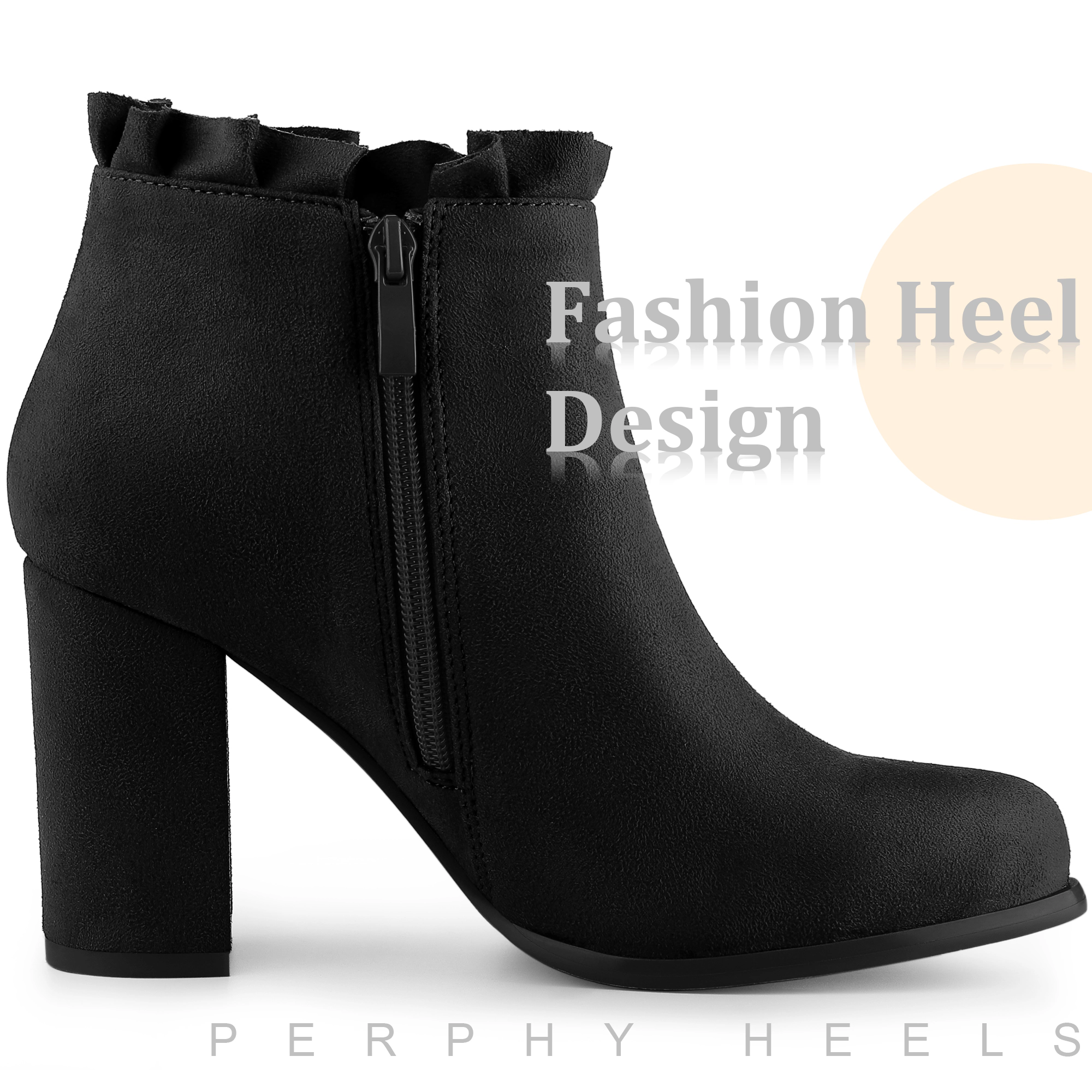 BLISSFUL STEP Women Faux Suede Ruffle Round Toe Chunky Heel Ankle Boots