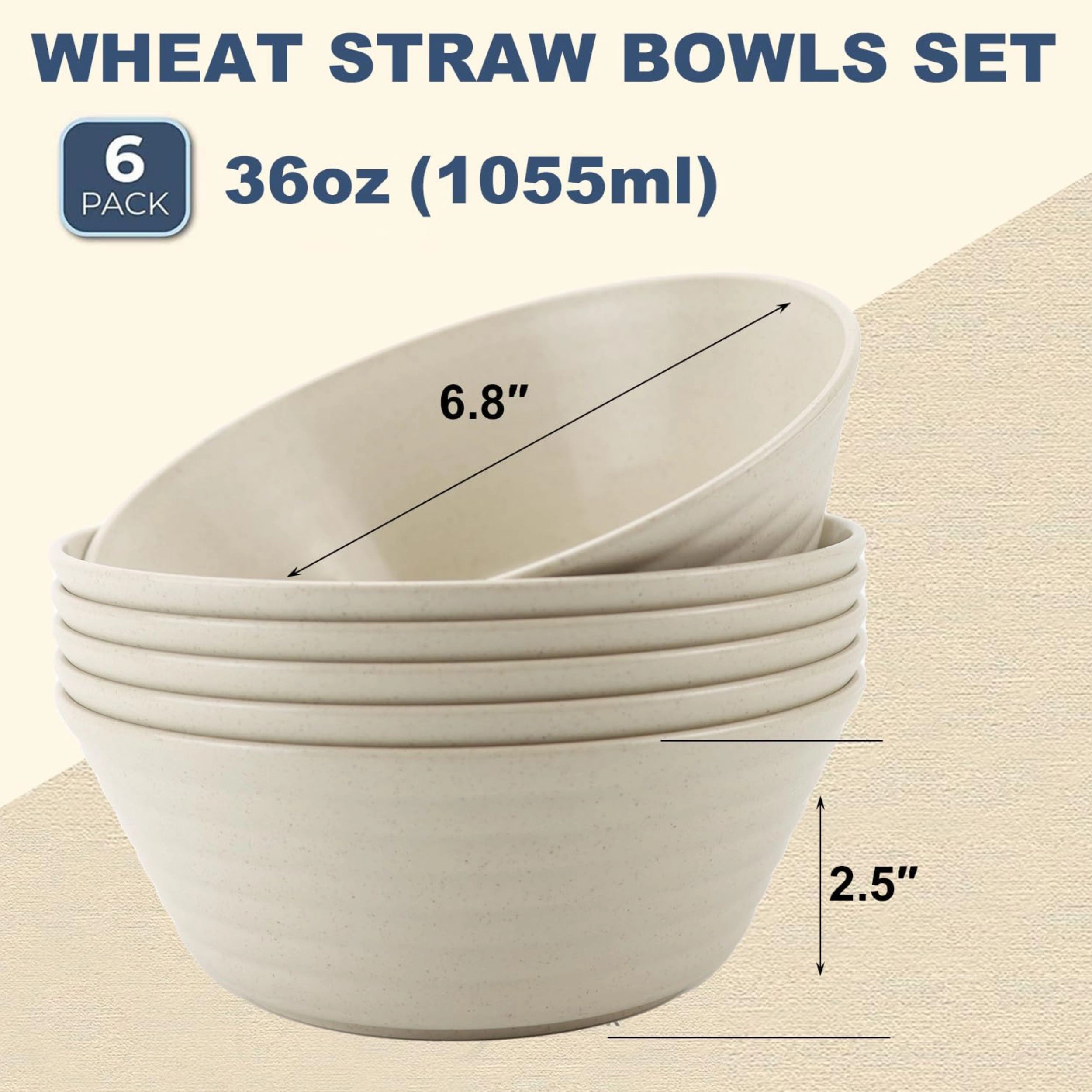 Stock Preferred Pack of 6 36 oz Wheat Straw Cereal and Serving Bowl Set