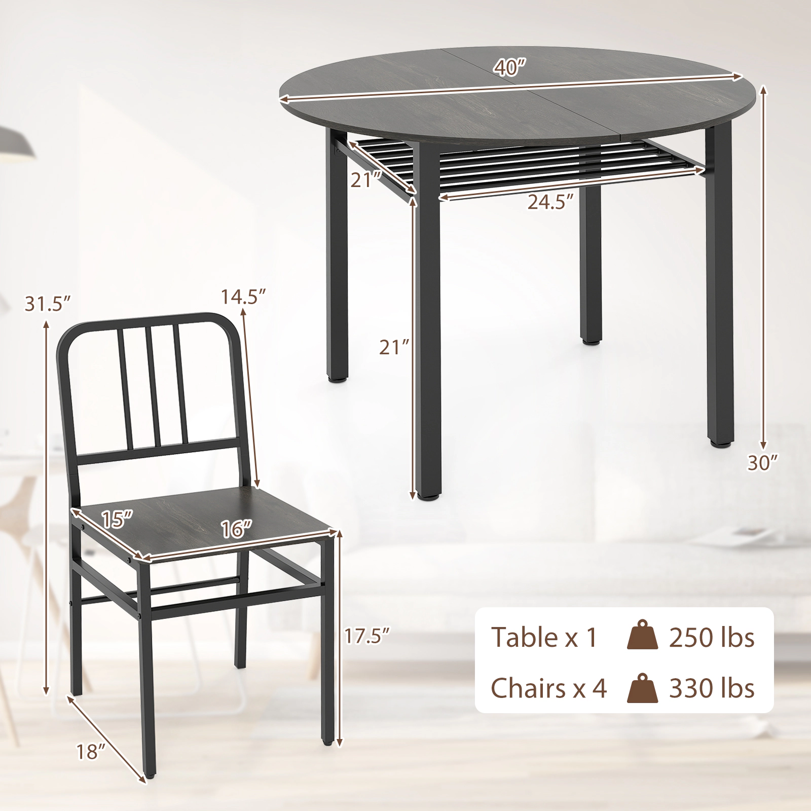 SUGIFT Gray 5-Piece Round Dining Set for 4, 40-Inch Table with Storage Shelf and Metal Chairs