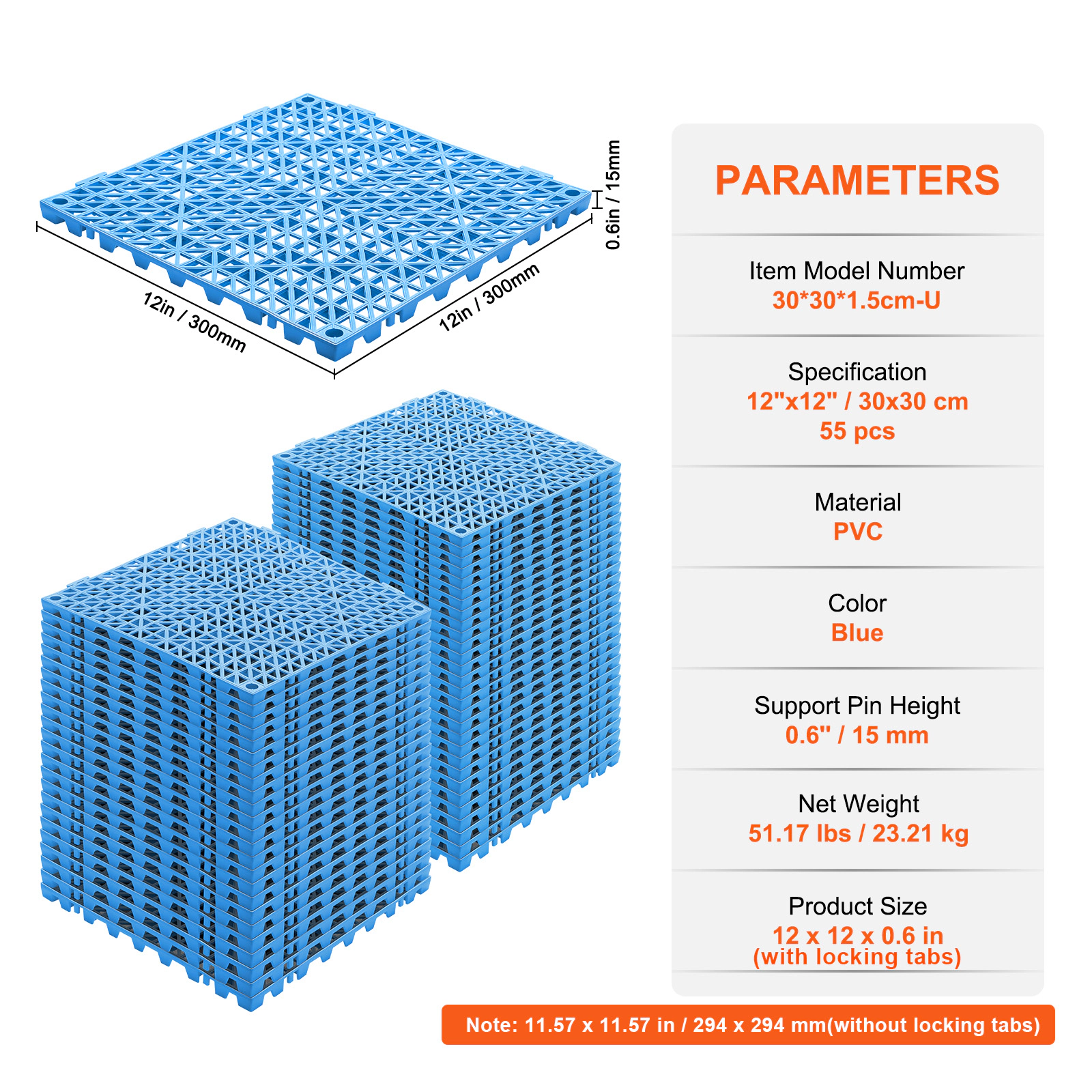 HONGGE Interlocking Drainage Tile, 12x12 In Soft PVC, 55-Piece Set, Non-Slip Blue Flooring for Bathroom, Kitchen & Pool