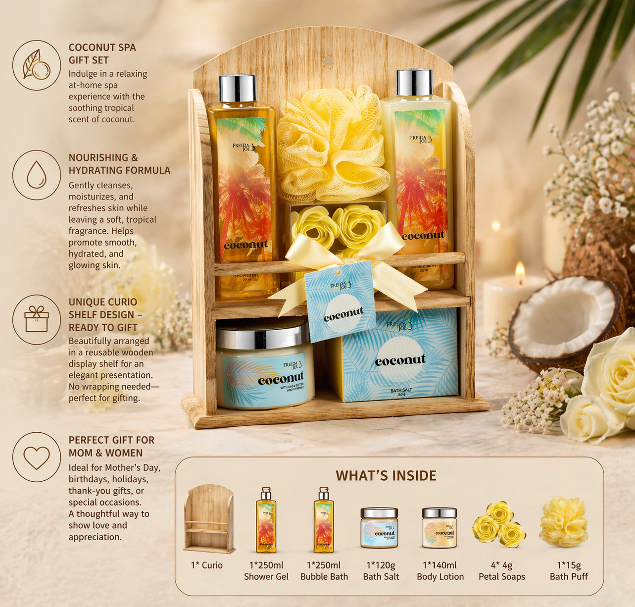 Freida and Joe  Women Spa Bath and Body Coconut  Gift Set in Wooden Curio
