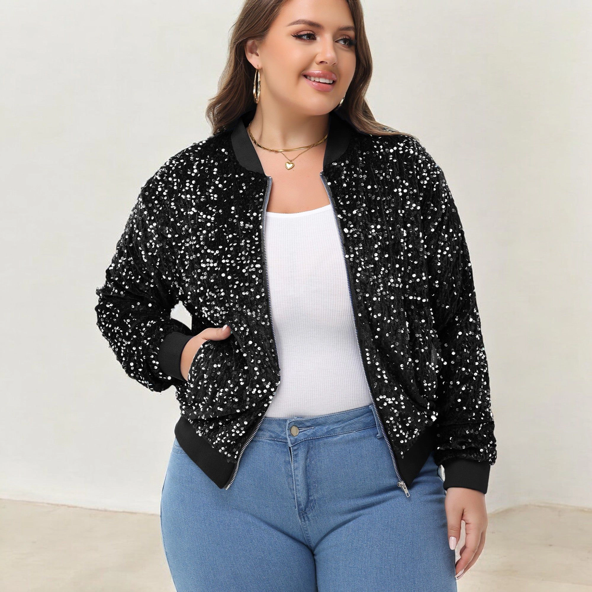 Anna-Kaci Women's Plus Sequin Zip-Up Bomber Jacket with Pockets