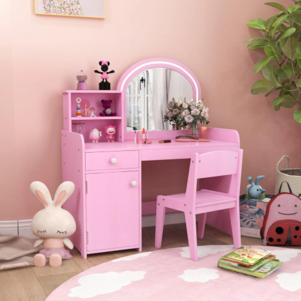 Hivvago Kids Vanity Table And Chair Set With Shelves Drawer Cabinet