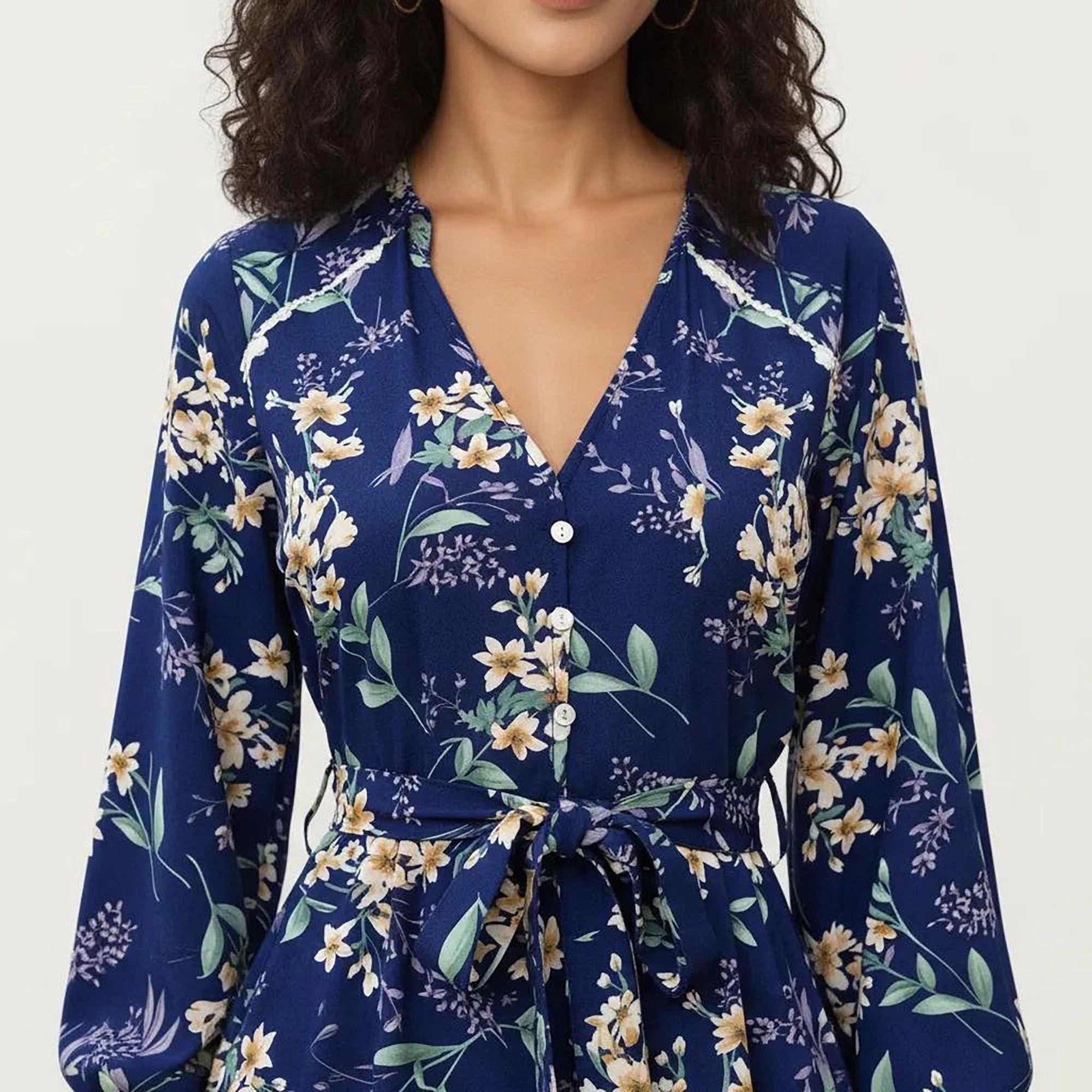 Anna-Kaci Women's Floral Print V Neck Long Sleeve Waist Tie Dress