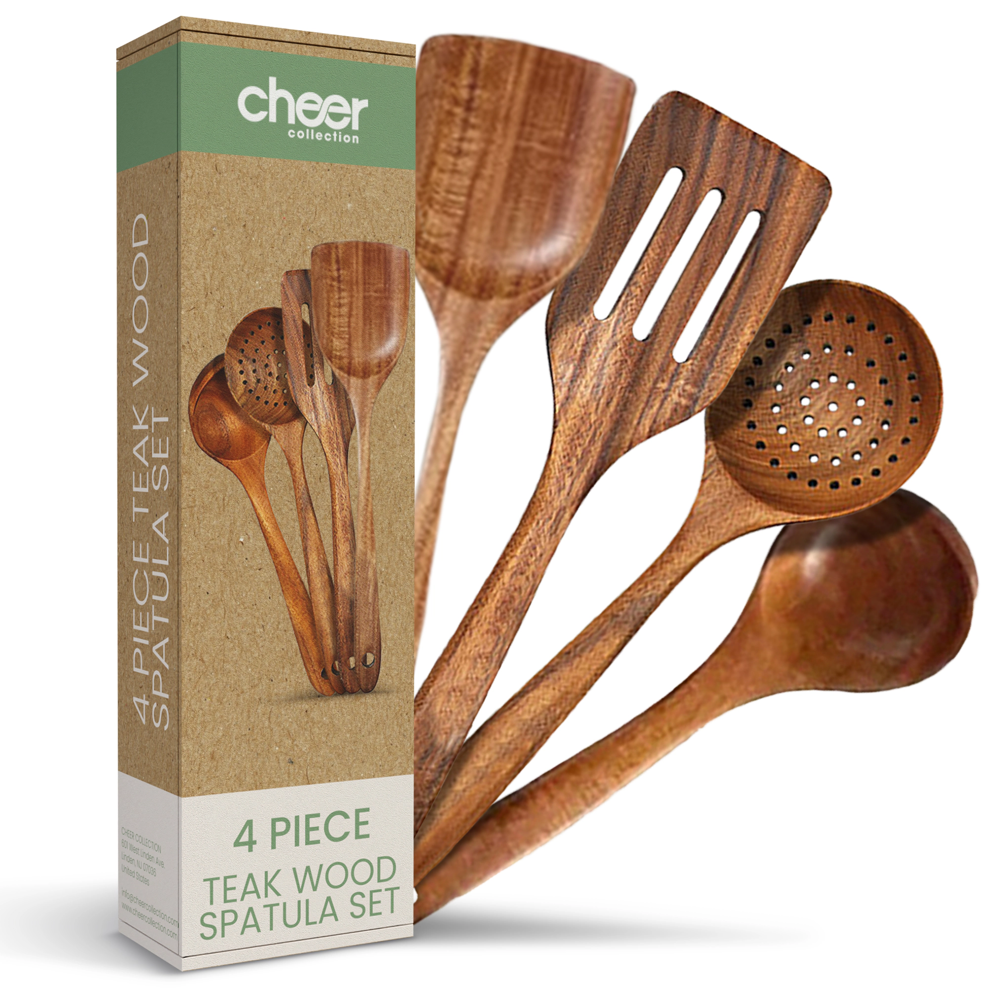 Cheer Collection 4-Piece Teak Wood Cooking Utensil Set with Spatulas and Spoons