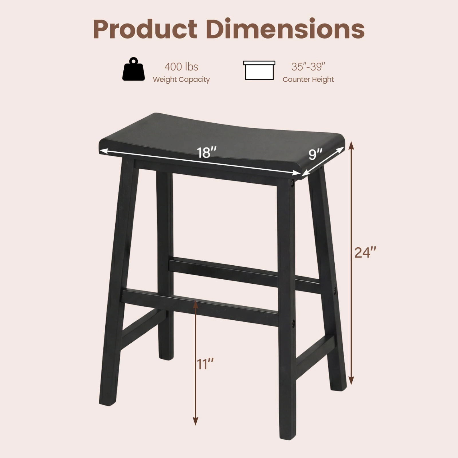 SUGIFT Set of 2 Integrated Footrest 400-lb 24-in H Backless Solid Wood Saddle Bar Stools Black