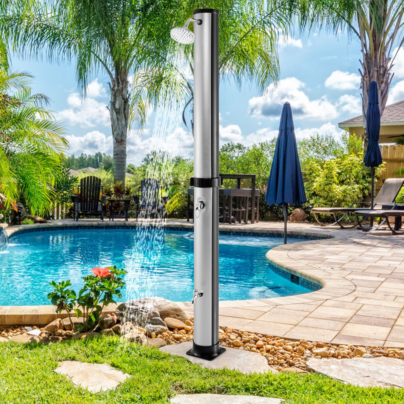 SUGIFT Solar Heated Outdoor Shower Column 10-Gallon Tank 360° Rotating Head Foot Tap 7.2-ft Tall Silver/Black