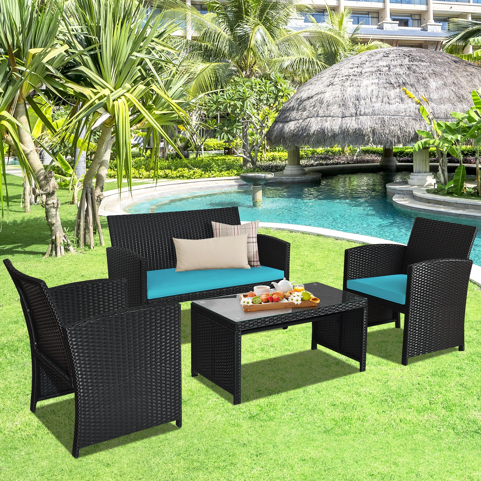 SUGIFT 4-Piece Black Patio Conversation Set with 43.5-Inch Loveseat, 2 Armchairs and Glass Table