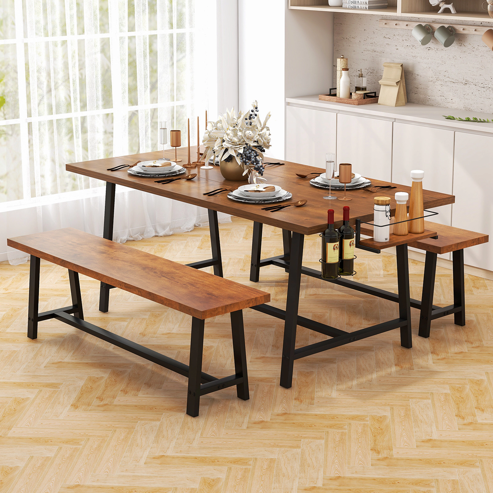 LJG Dining Table Set for 5-7 with 2-Bottle Wine Rack and Condiment Holder