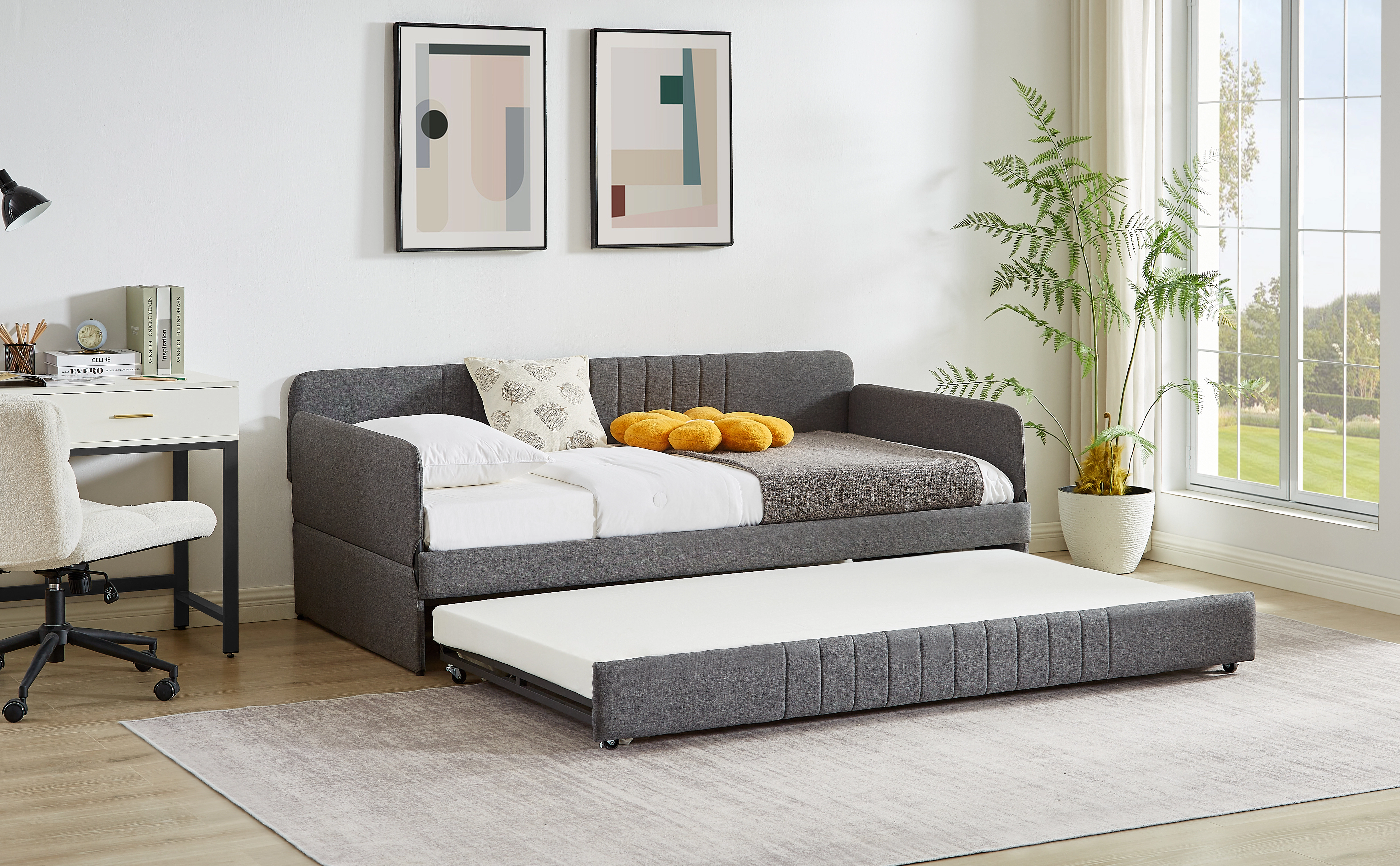 Flynama Twin Daybed Sofa Bed with Trundle, Metal Frame, Grey (78.4"L x 41"W x 29.8"H reference noted)