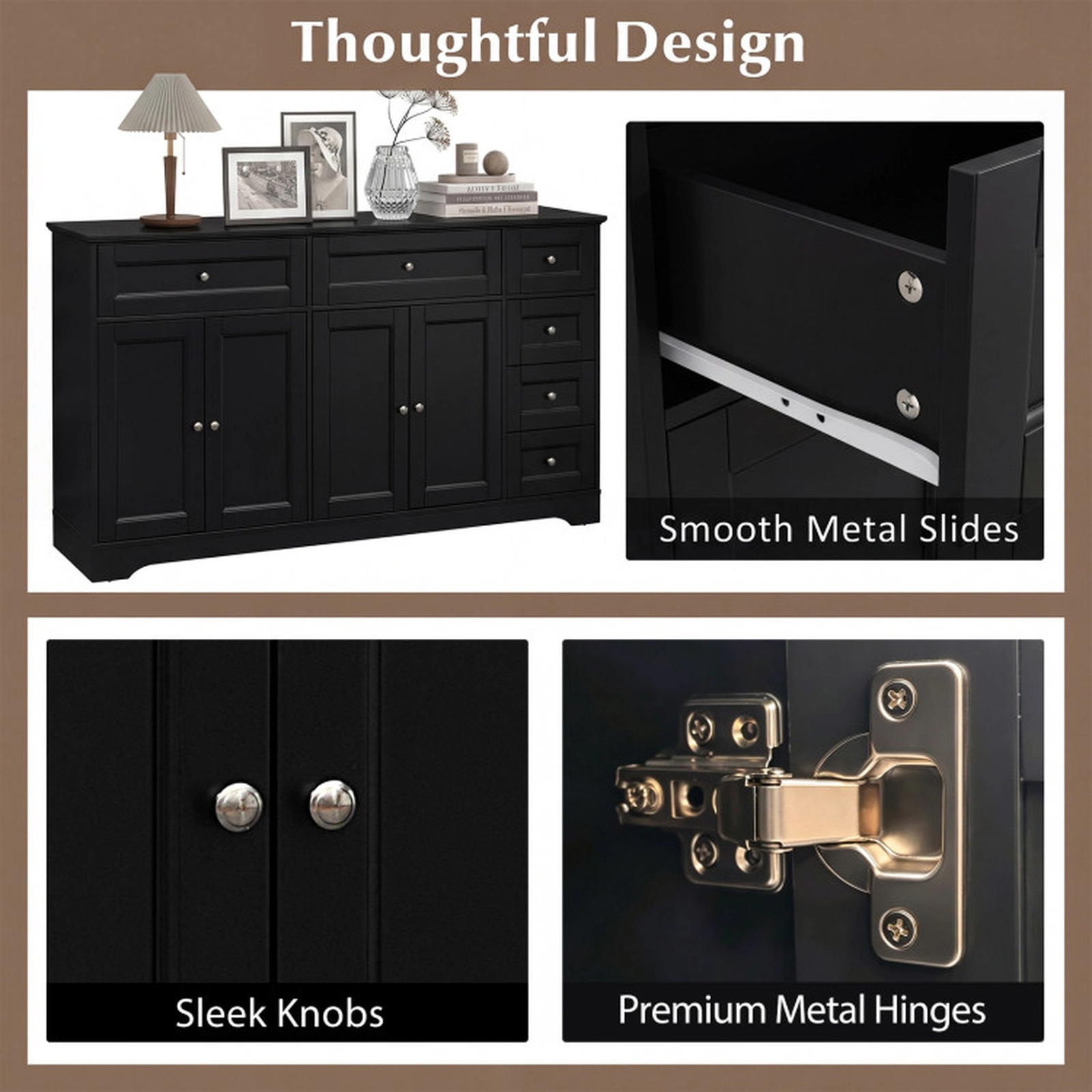 SUGIFT 6-Drawer 2 Cabinets Coffee Bar Station Buffet Sideboard 59-in x 16-in x 34-in 220-lb Capacity Black