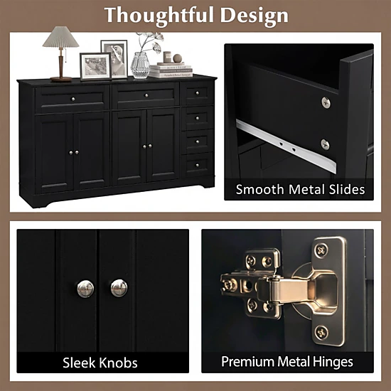 SUGIFT 6-Drawer 2 Cabinets Coffee Bar Station Buffet Sideboard 59-in x 16-in x 34-in 220-lb Capacity Black