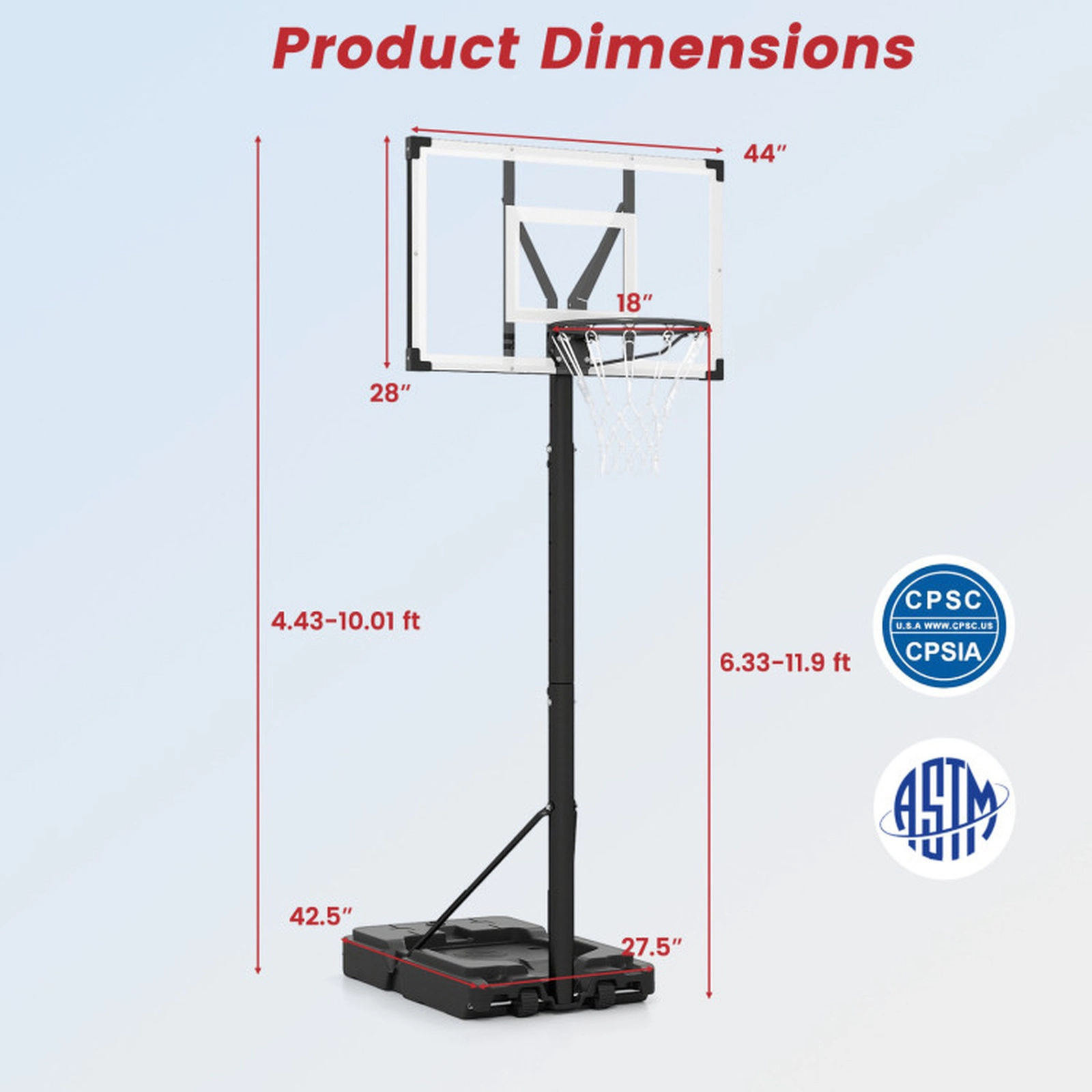 SUGIFT Black Portable Basketball Hoop with Shatterproof PC Backboard and Fillable Base 4.43-ft to 10-ft H 18-in Rim