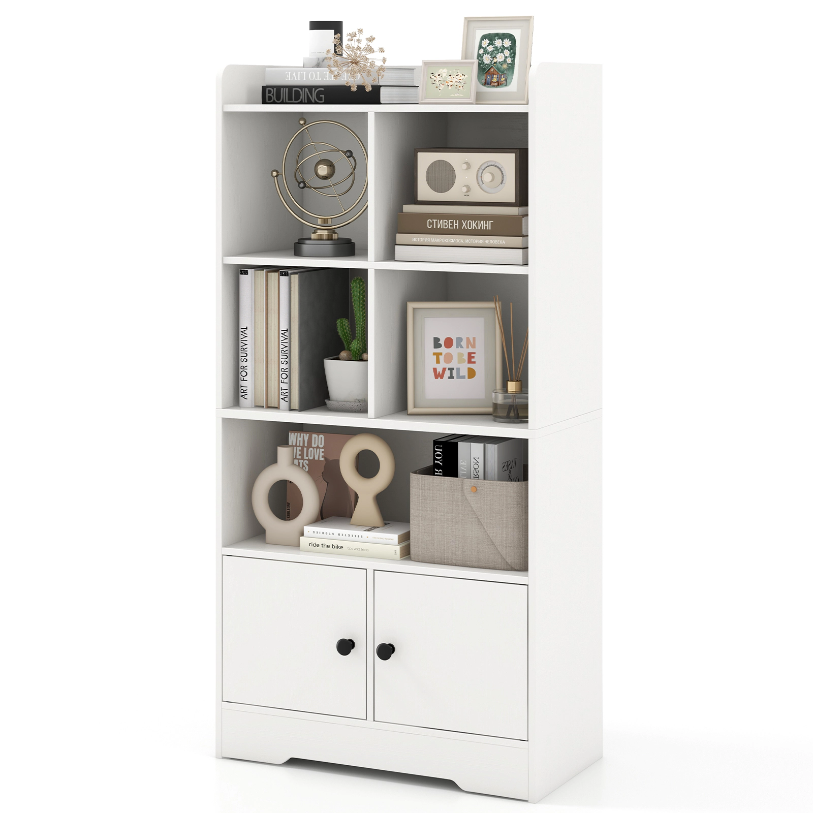 SUGIFT 4-Tier Engineered Wood Bookshelf with 4 Cube Display Shelf and 2-Door Cabinet 44-lb Top Layer Capacity White