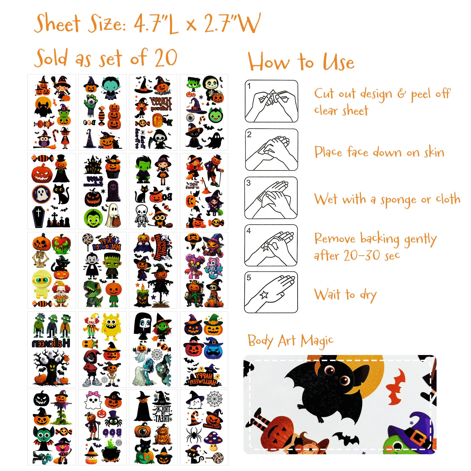 Wrapables Waterproof Temporary Tattoos, Birthday Party Favors and Supplies, Goodie Bag Fillers, 20 Sheets Halloween