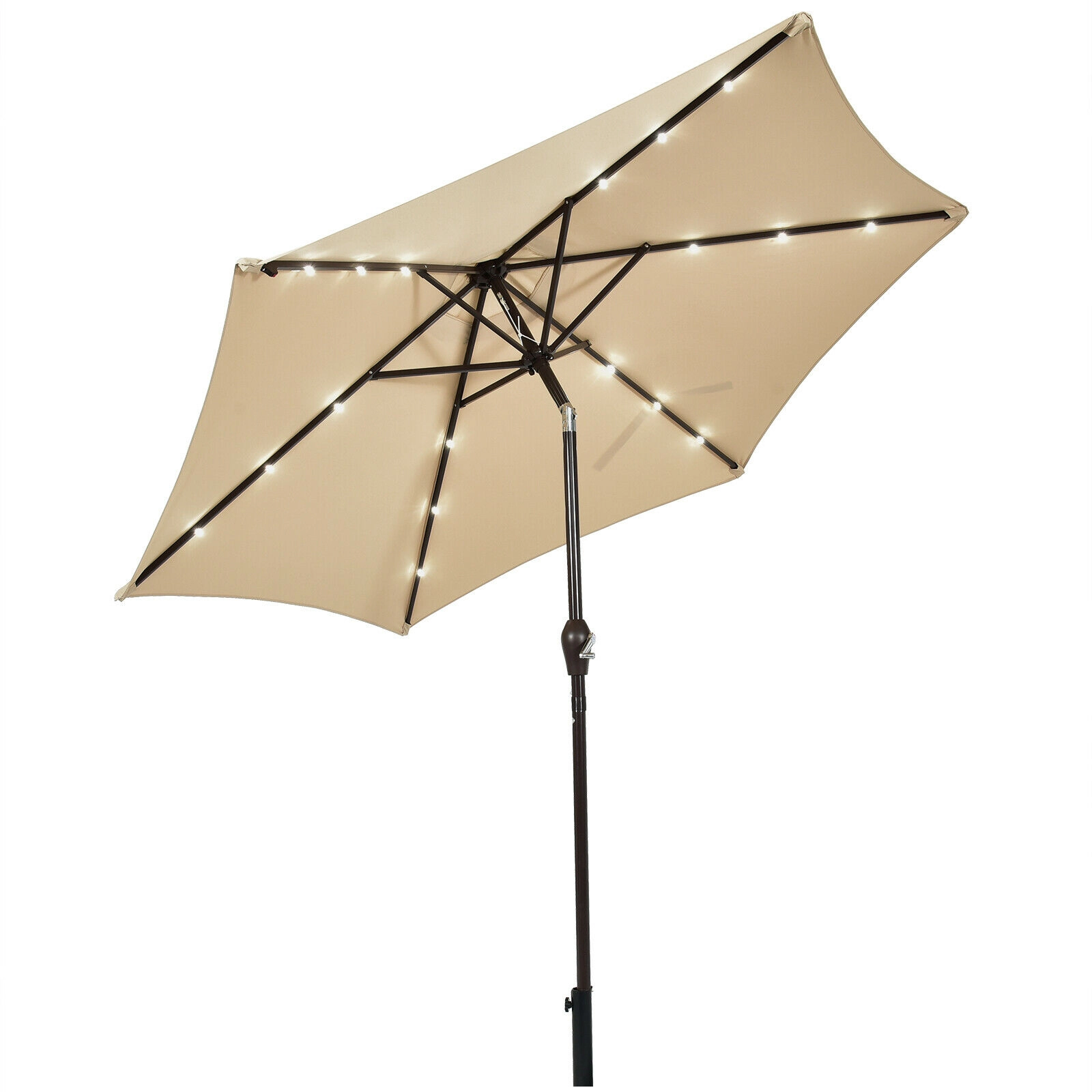 SUGIFT 9-ft Tan Solar LED Market Patio Umbrella with Crank Lift and Push-Button Tilt
